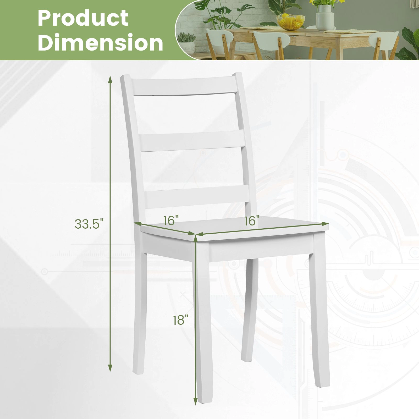 SlickBlue Set of 2 Dining Chairs with Rubber Wood Frame & Ladder Back