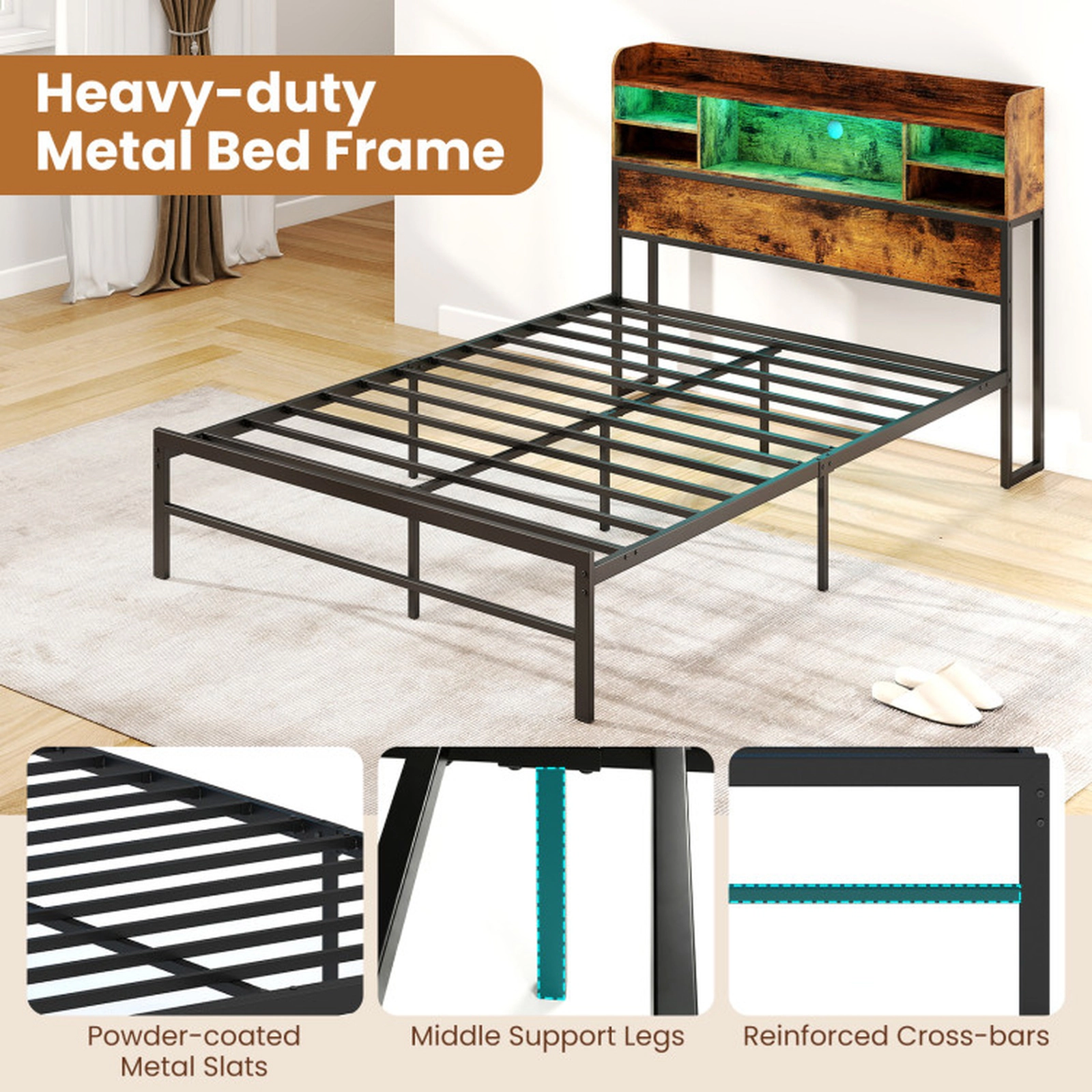 SUGIFT Full Size Bed Frame with Storage Headboard RGB LED Lights & Charging Station 660-lb Capacity Rustic Brown & Black