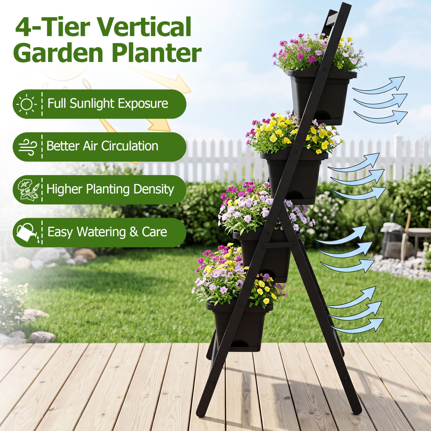 LJG 4-Tier Vertical Raised Garden Bed with Drainage Holes and 4 Containers