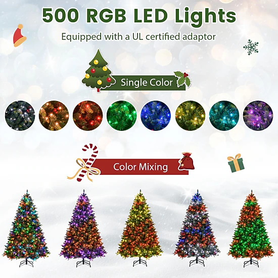 Costway 5/6/7/8 FT Artificial Christmas Tree with 250/370/500/650 RGB LED Lights 584/1054/1436/1936 Branch Tips