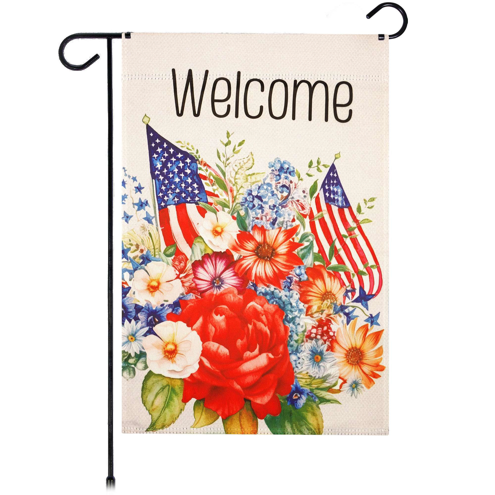 G128 12x18 in Double-Sided Patriotic Welcome Garden Flag - Red White Blue Floral