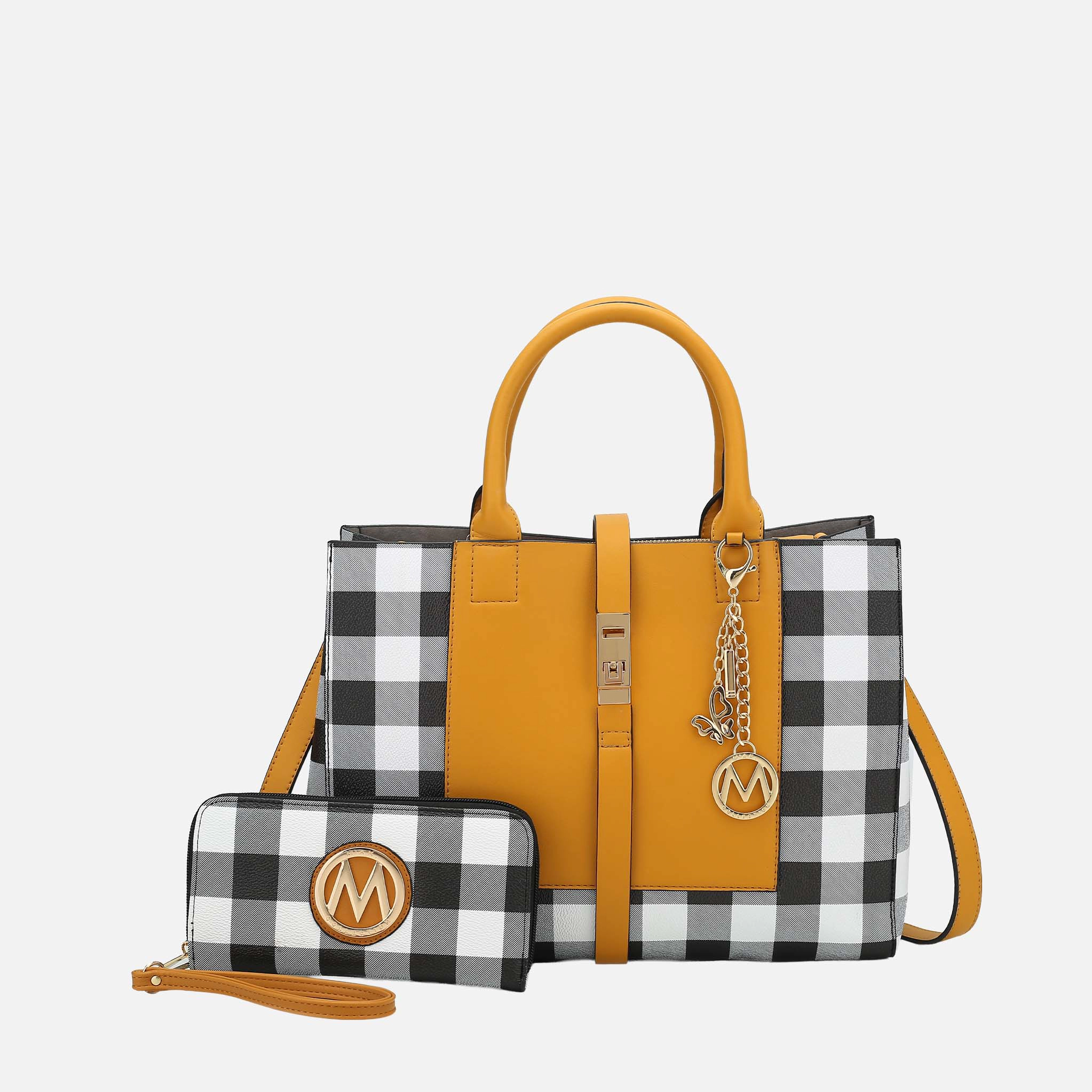MKF Collection Yuliana Checked Satchel with Matching Wallet - Vegan Leather, Gold-Tone Hardware