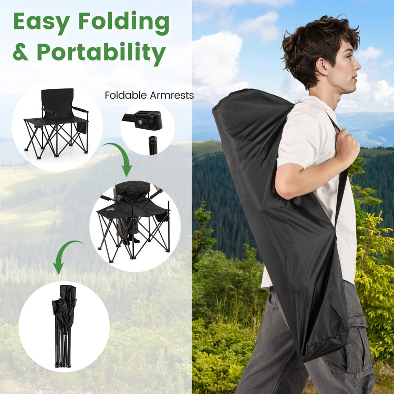 SUGIFT Black Oversized Camping Chair with Side Table and 2 Storage Pockets 32.5-in W 21.5-in D 330-lb Seat Capacity