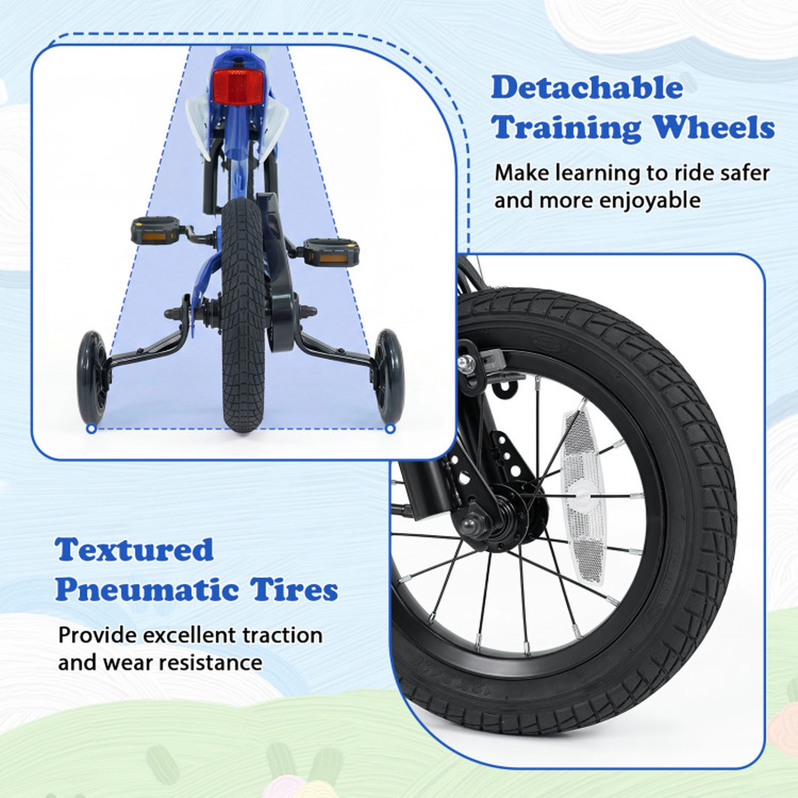 SUGIFT Motorcycle-Inspired 12-Inch Kids Bicycle with Training Wheels 143-lb Capacity Ages 3-4 Years Blue