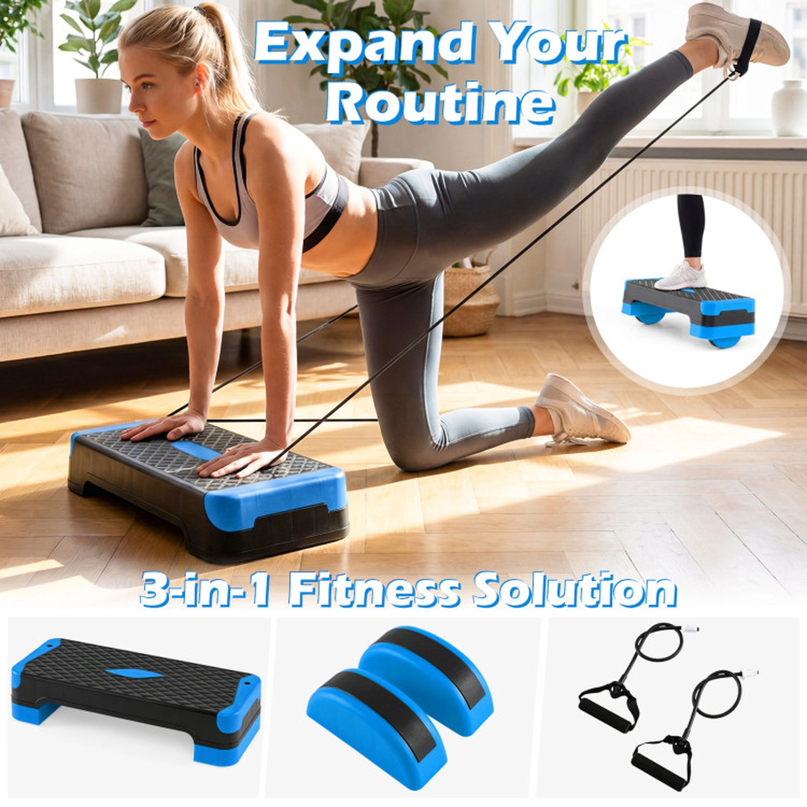 SUGIFT 3-in-1 Aerobic Step Ab Trainer Platform Set 660-lb Static Capacity Blue + Black/Gray + Black/Red + Black