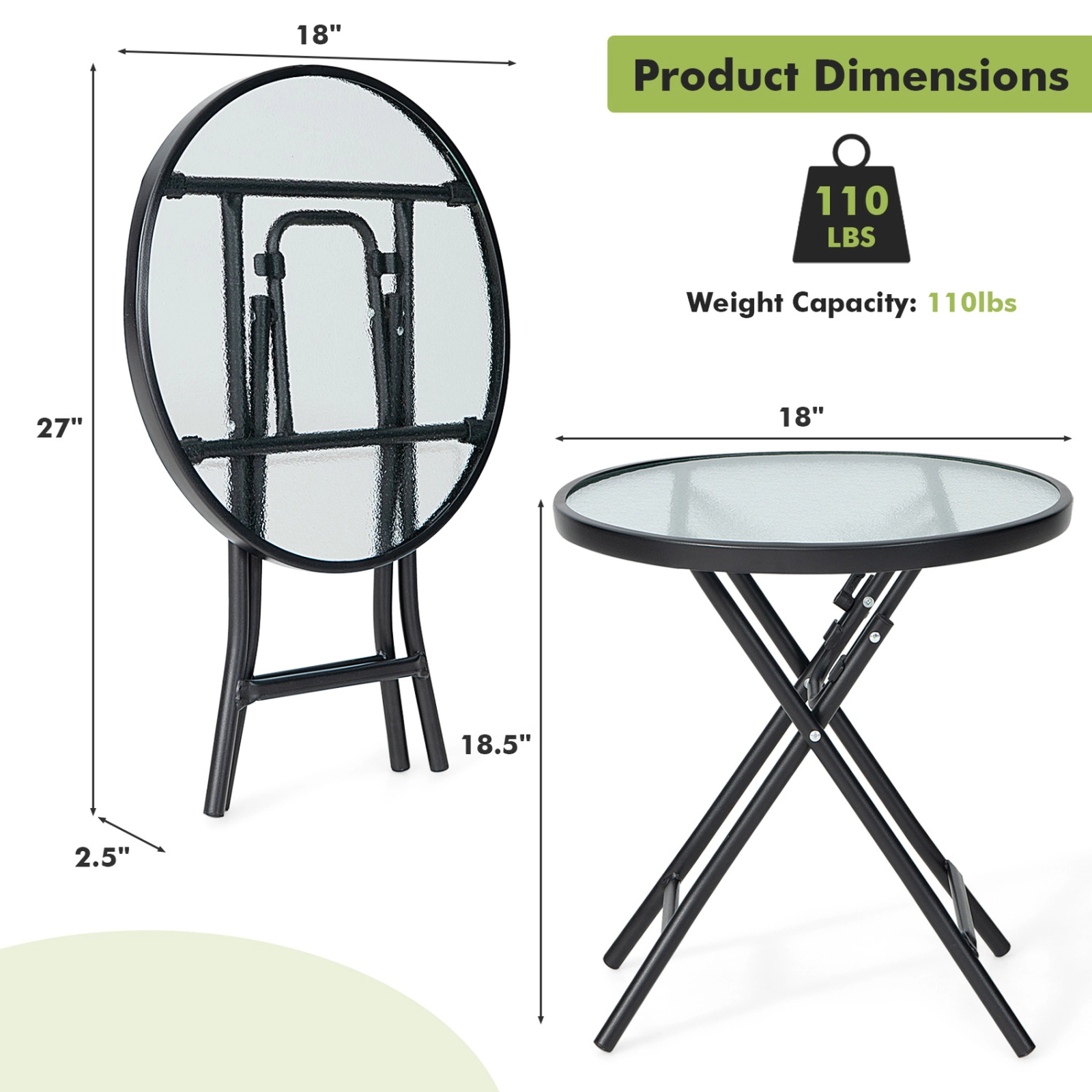 SUGIFT Set of 2 Folding Round Patio Side Tables with Tempered Glass Top 18 x 18.5-in Surface 110-lb Capacity Black