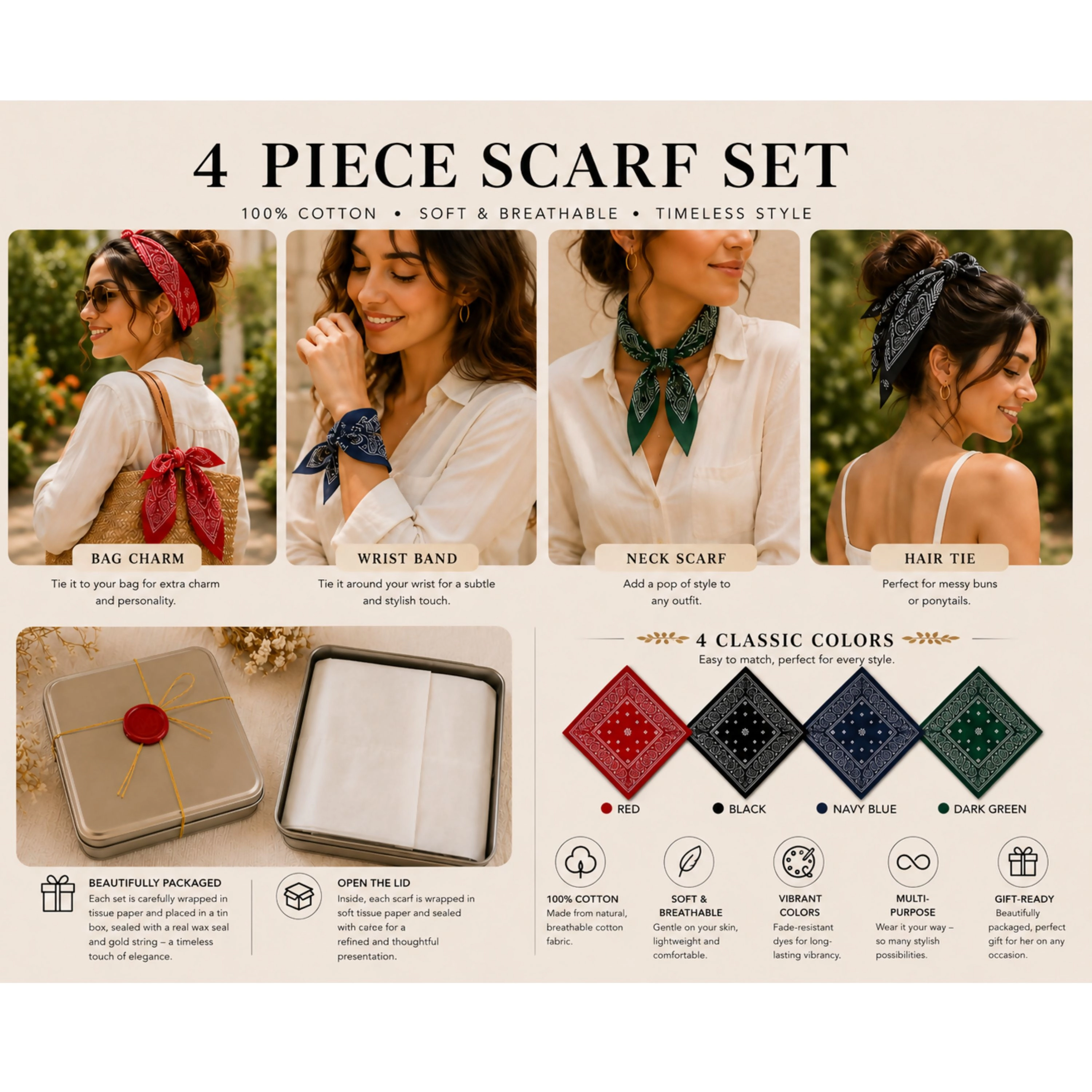 Wear Sierra Cotton Scarf 4-Piece Accessories Set