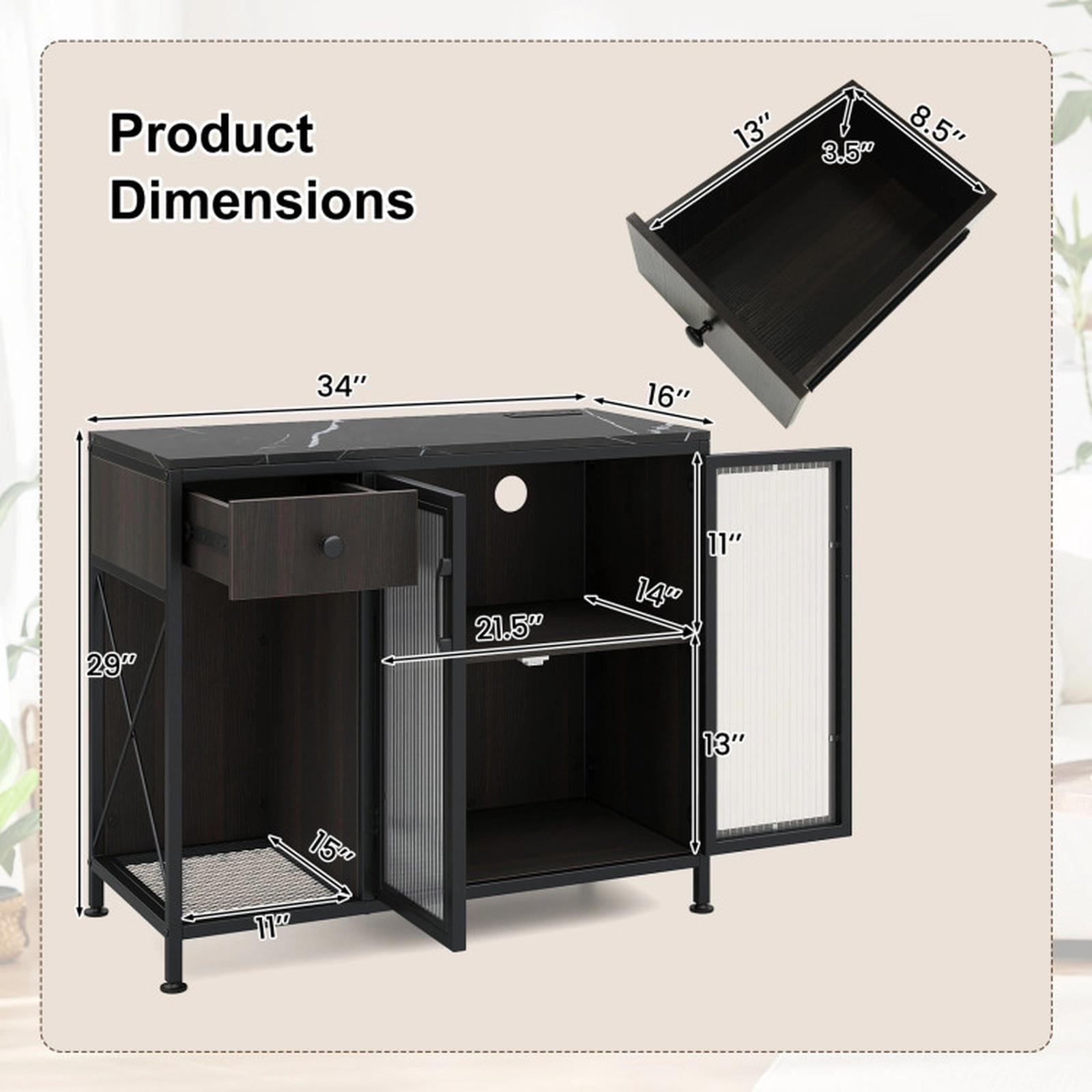 SUGIFT 34-in 110-lb Countertop Black Industrial Buffet Sideboard with Power Outlets RGB LED Light and Drawer
