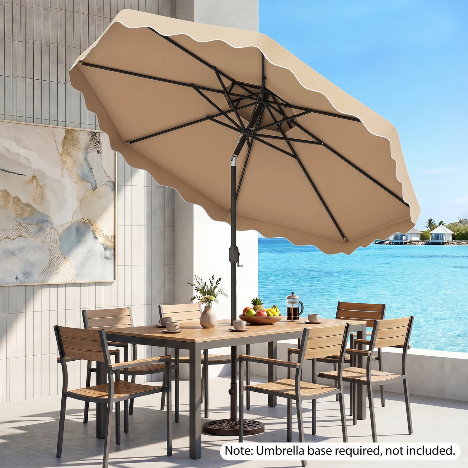 SUGIFT 10-ft Beige Round Market Patio Umbrella, Scalloped Canopy, Vented Double Top, 8 Ribs