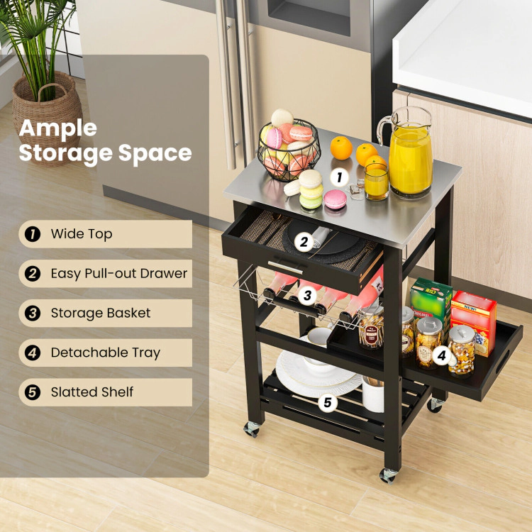 Hivvago Mobile Kitchen Island Cart with Stainless Steel Top and Storage Basket