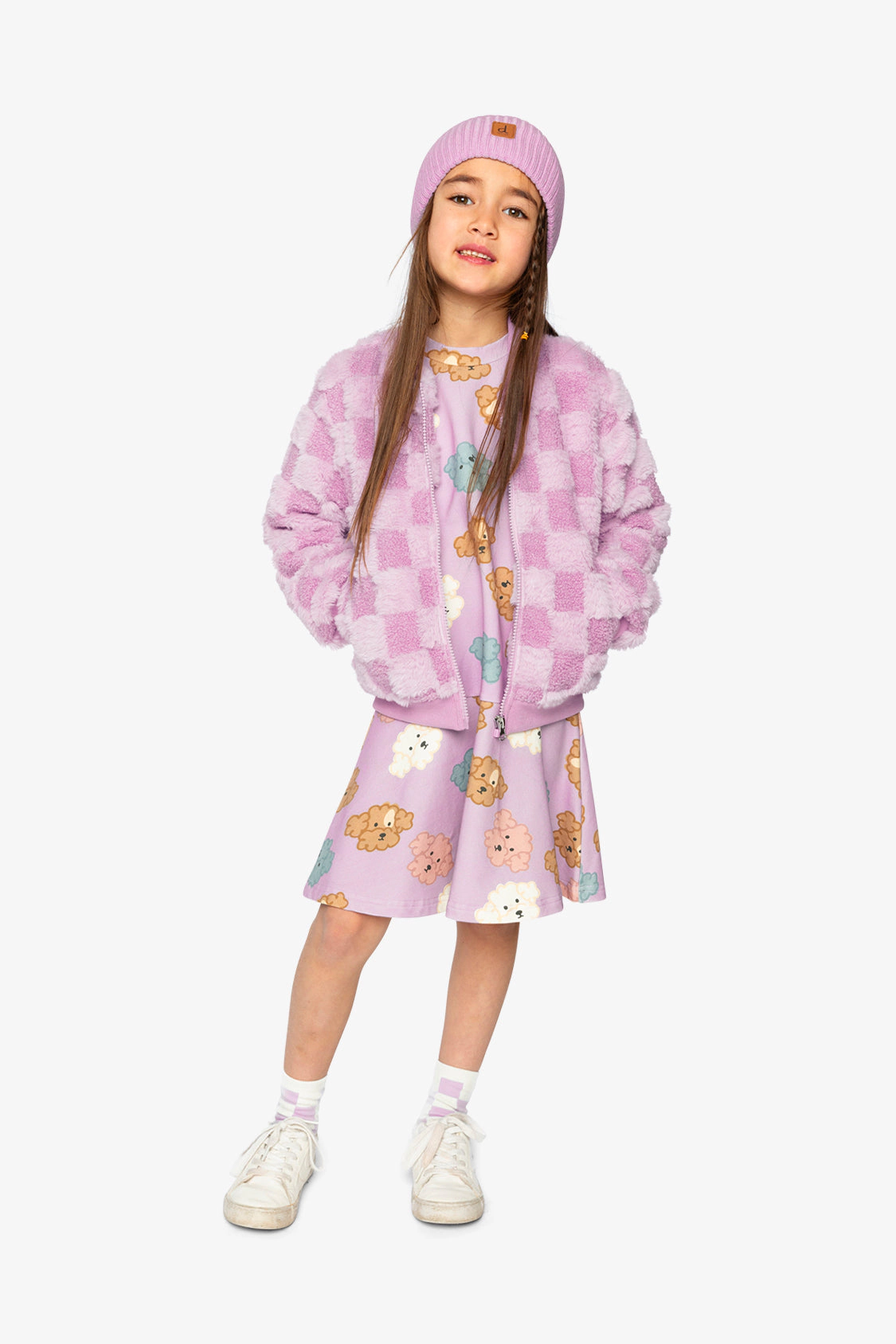 Deux par Girls Checkerboard Faux Fur Jacquard Bomber Jacket