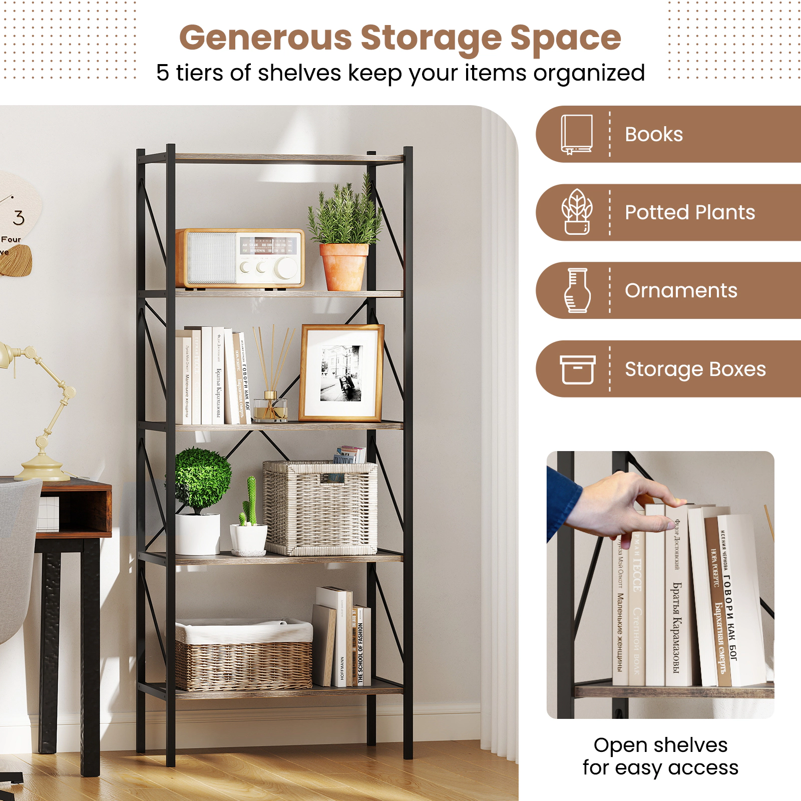 SUGIFT 5-Tier Open Bookshelf with Heavy Duty Metal Frame 220-lb Capacity 26 x 13.5 x 63 in Rustic Brown and Black