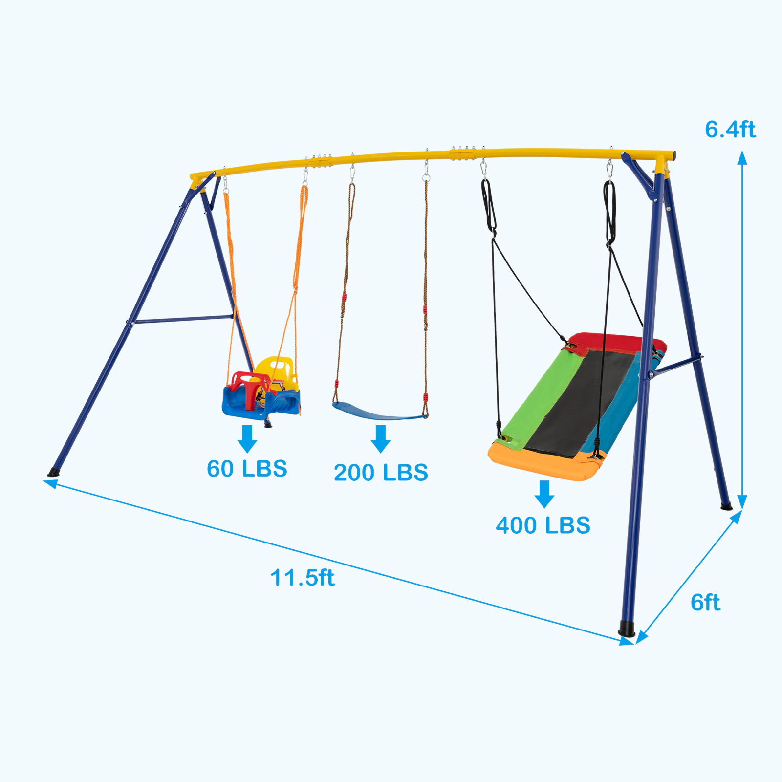 SUGIFT Kids Yellow Metal Swing Set with 3 Swings and Ground Stakes 11.5-ft W 6-ft D 6.4-ft H 660-lb Frame Capacity