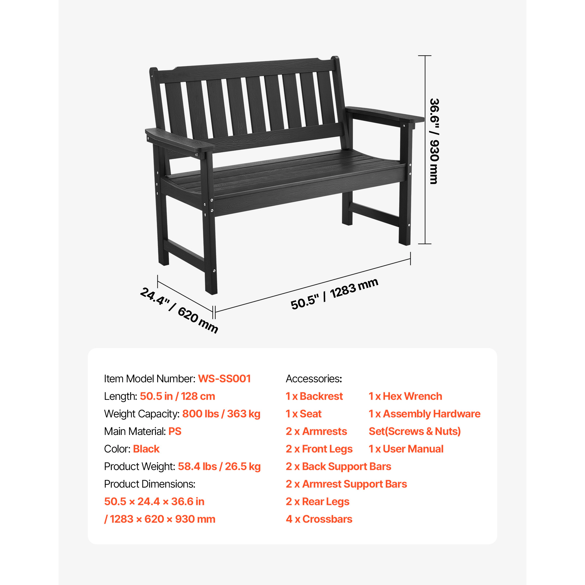 HONGGE Weatherproof Outdoor Bench Frame for Patio, Garden, Park, Yard, or Front Porch