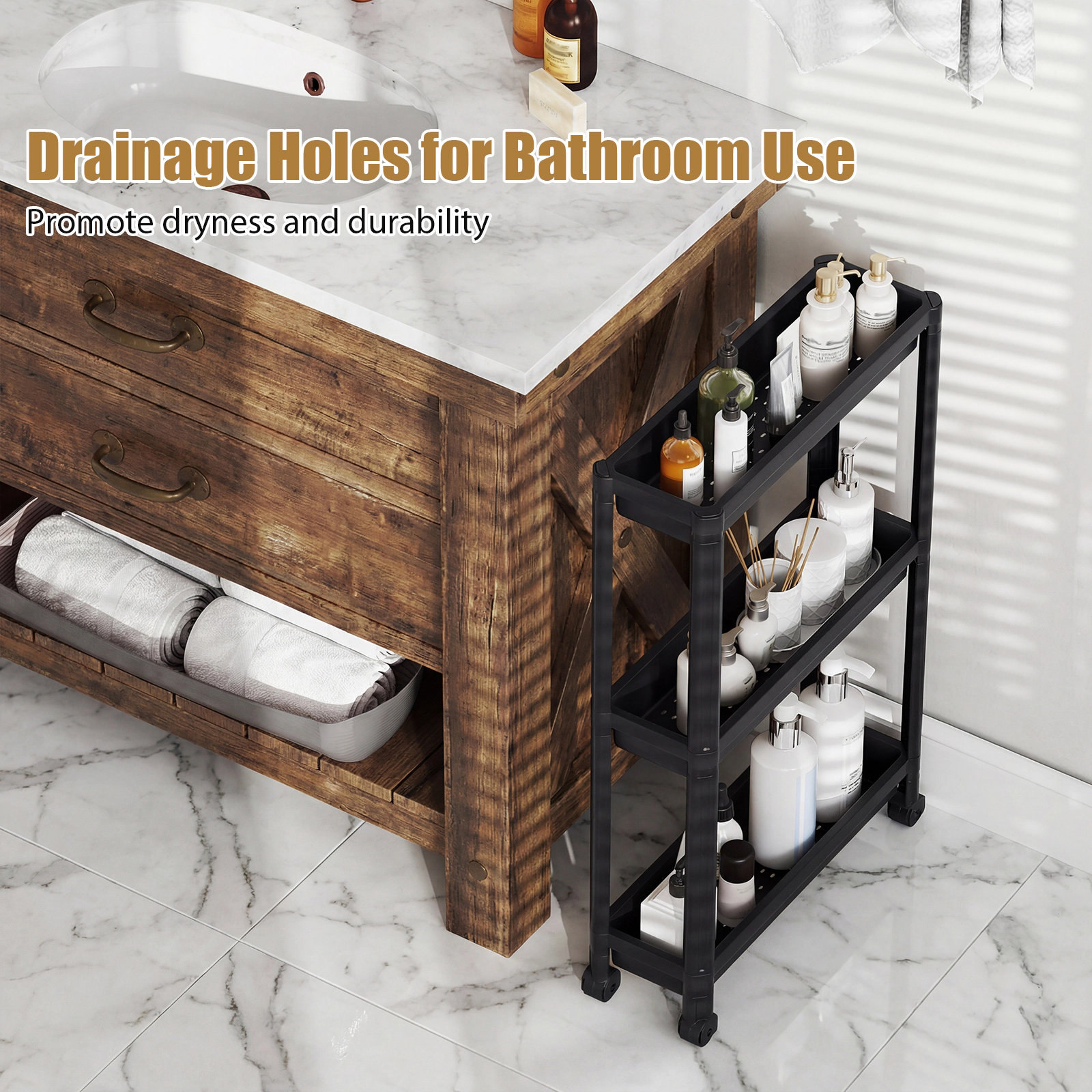 SUGIFT 3-Tier Slim Rolling Storage Cart Black 2-Pack Bathroom Organizer with Wheels