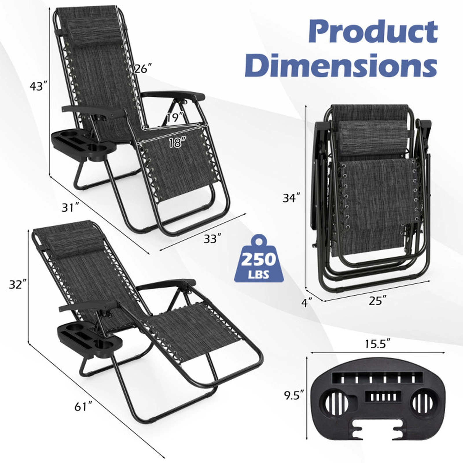 SUGIFT Portable Zero Gravity Folding Recliner Chair with Side Tray 250-lb Capacity Gray