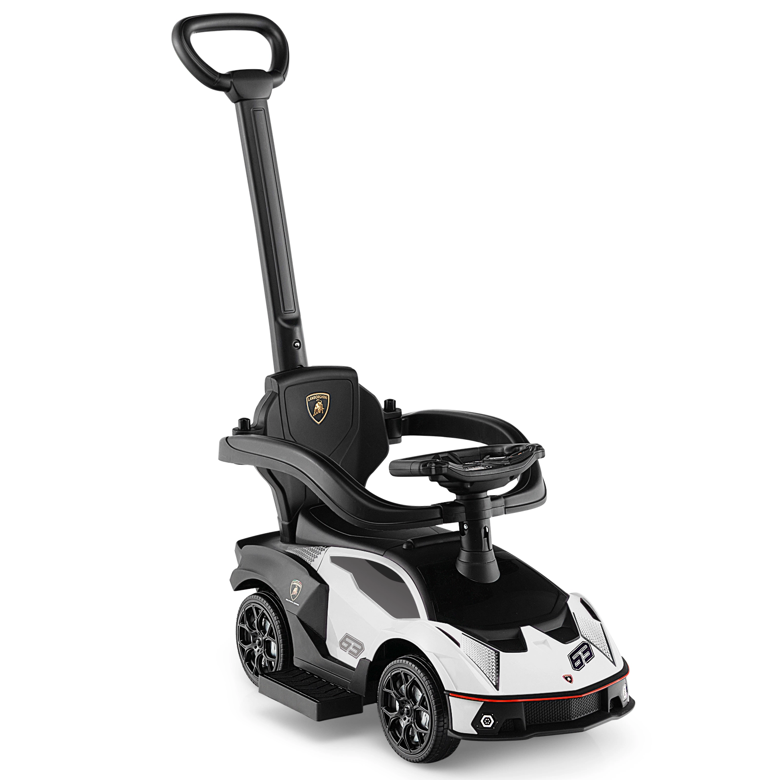 SUGIFT White Handle Guardrail and Storage Kids 3 in 1 Licensed Lamborghini Ride On Push Car