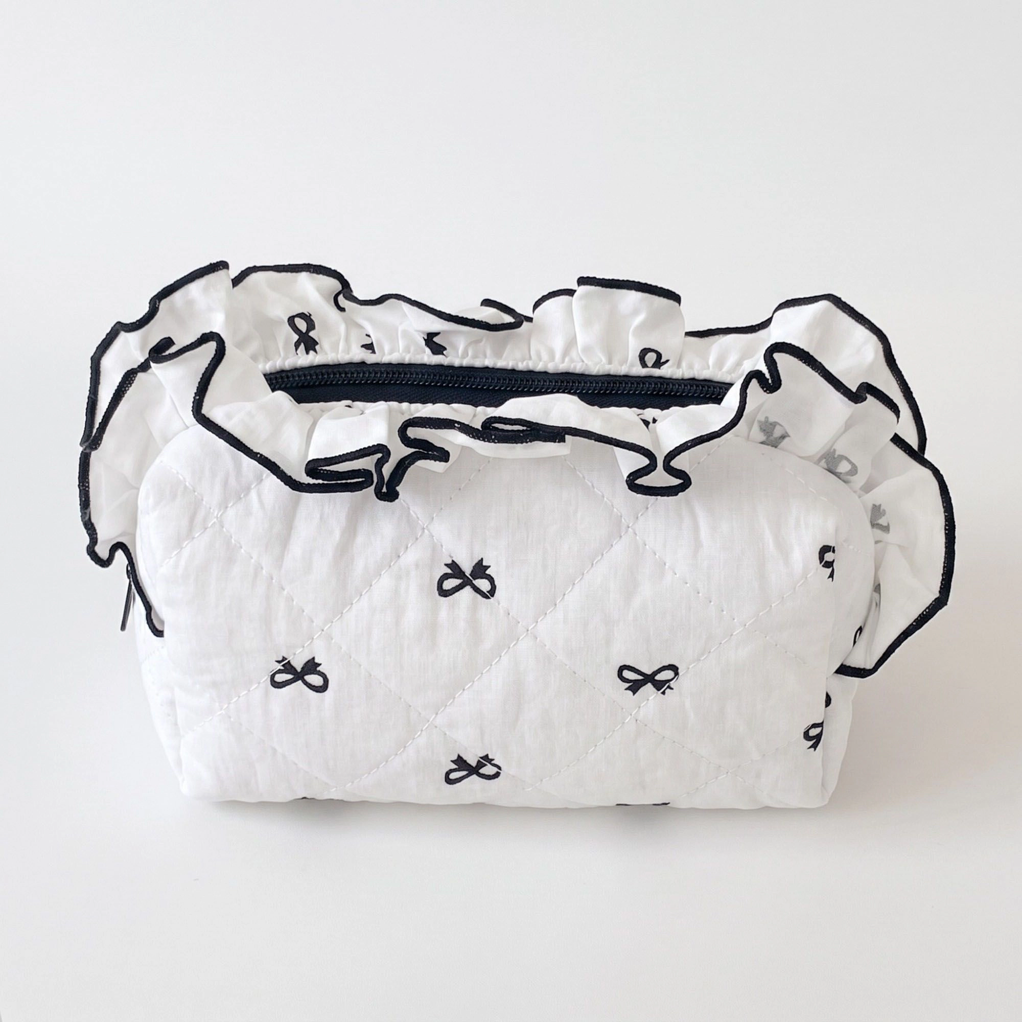 Alilang Unisex Quilted Bow Print Cosmetic Bag with Ruffle Trim