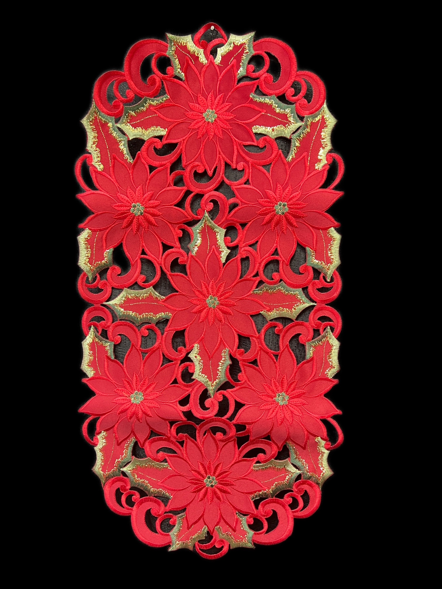 Jiallo Poinsettia and Green Leaf Embroidered Cutwork Rectangular Table Runner, 13 by 27 inch