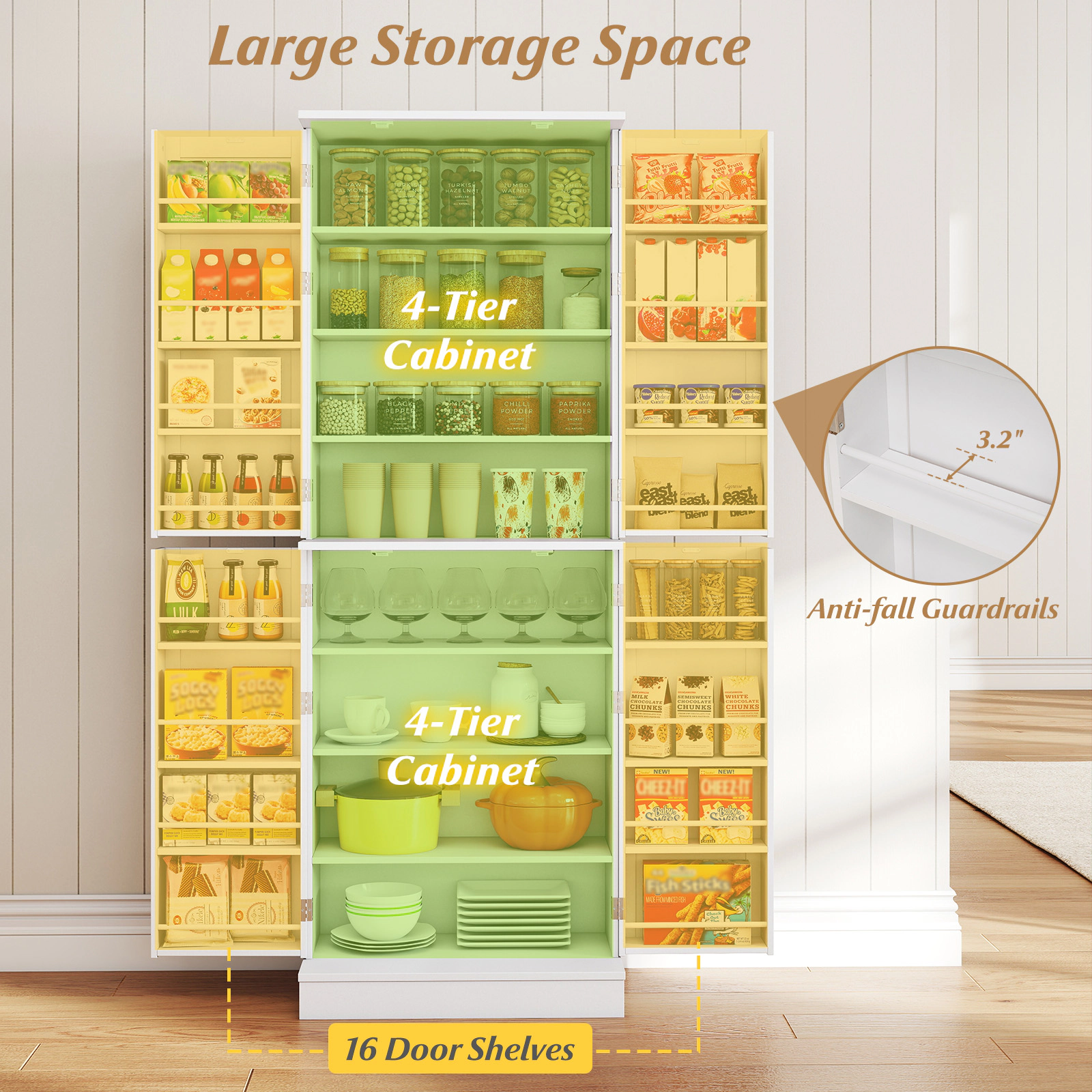 SUGIFT 65.5-in Tall Freestanding White Pantry Storage Cabinet with 6 Adjustable Shelves and 16 Door Shelves