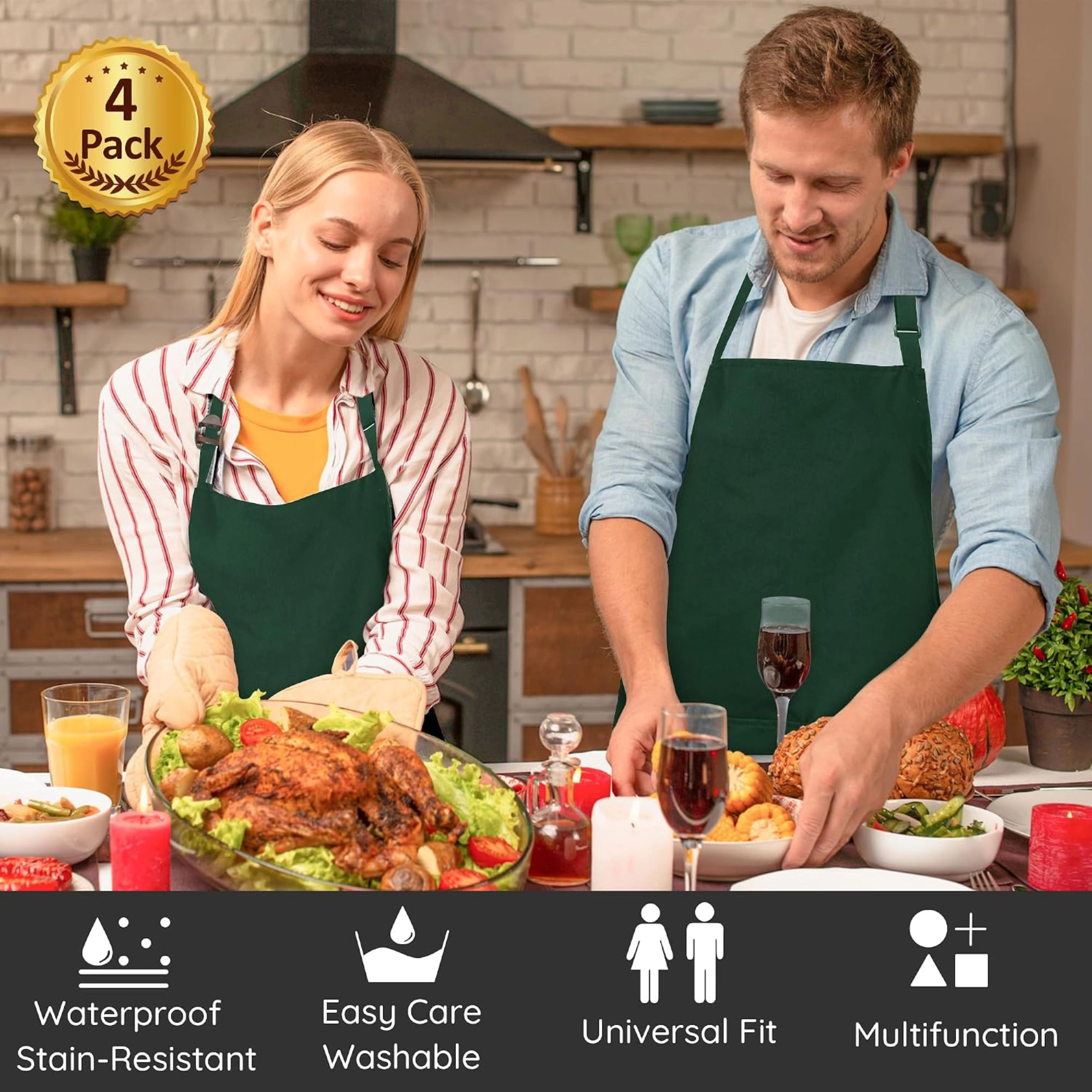 Stock Preferred Pack of 4 Waterproof Aprons with 2 Pockets and Adjustable Neck Straps