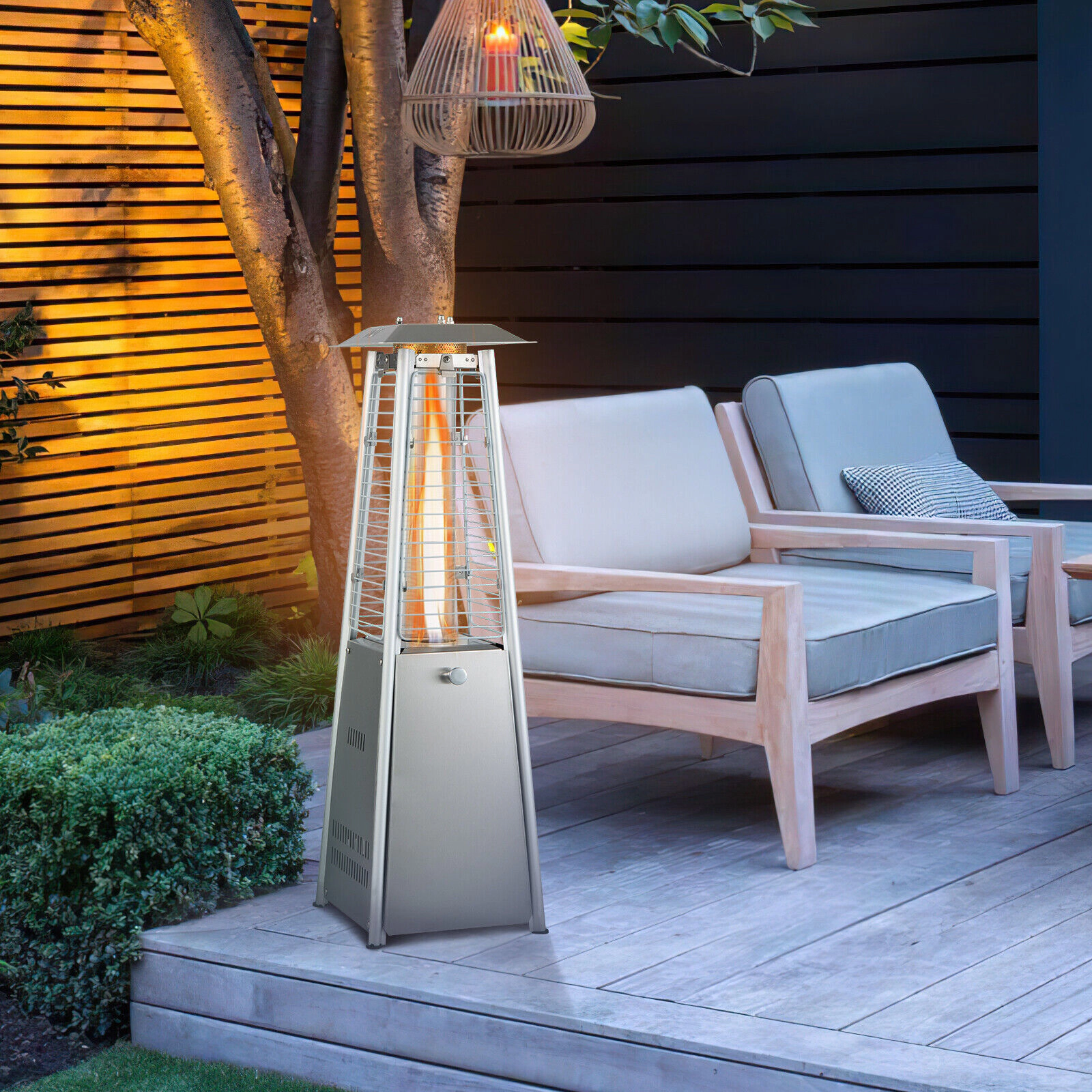 SUGIFT Silver Stainless Steel Tabletop Propane Patio Heater with Glass Tube 9500-BTU 10-in W 10-in D 35-in H