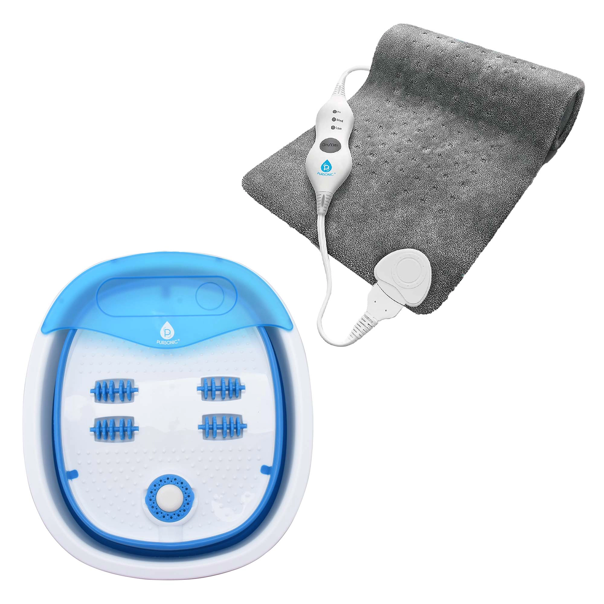 Pursonic Unisex Relaxation & Wellness Therapy Bundle with Electric Heating Pad & Collapsible Footbath Spa Massager