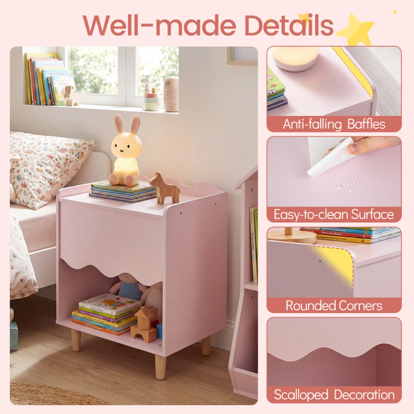 SUGIFT Kids Scalloped Top Open Compartment Wood Legs Side Table 19.5-in x 16-in x 24.5-in 90-lb Capacity Ages 3-6 Pink