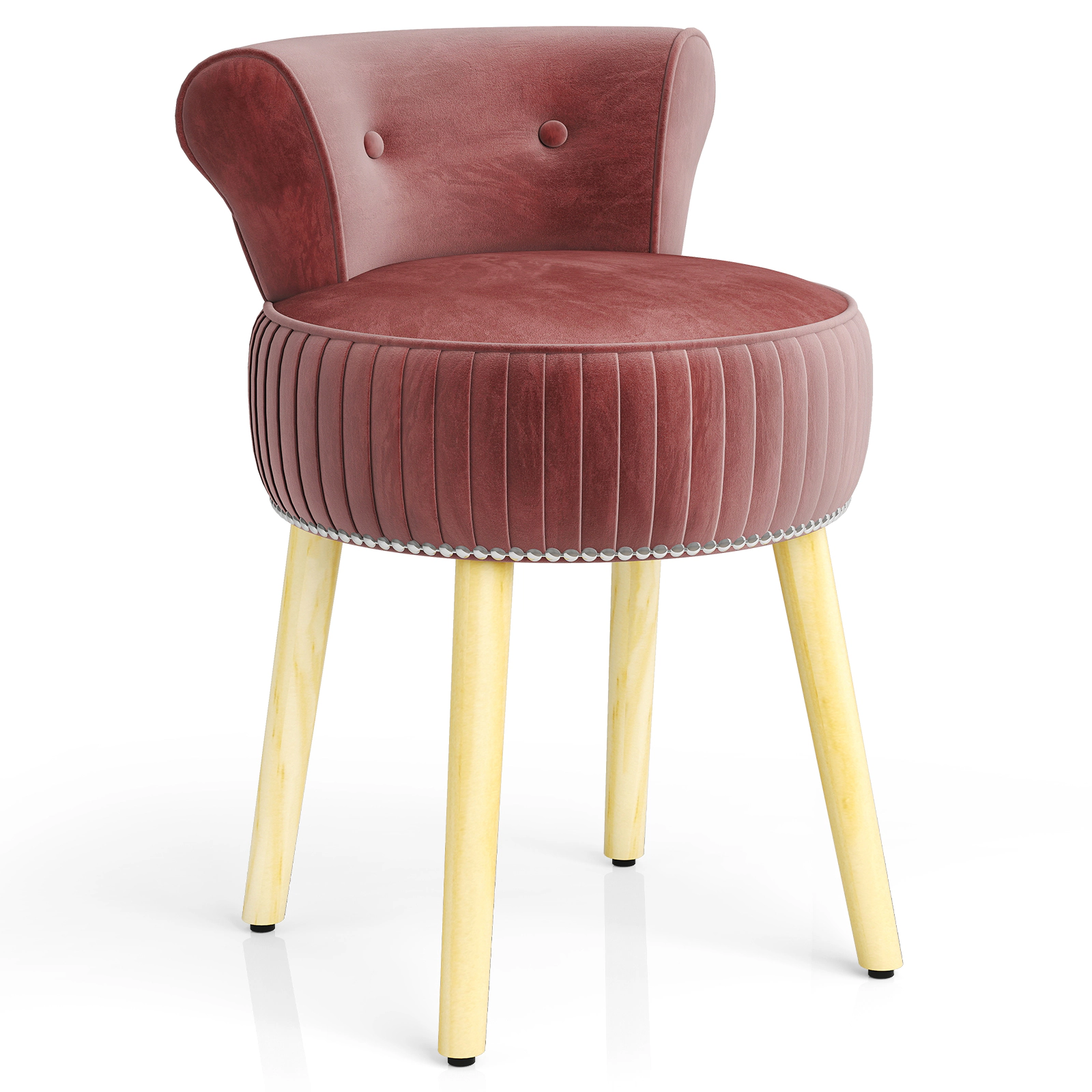 SUGIFT Pink Velvet Tufted Vanity Chair, Upholstered Stool with Back, Rubberwood Legs