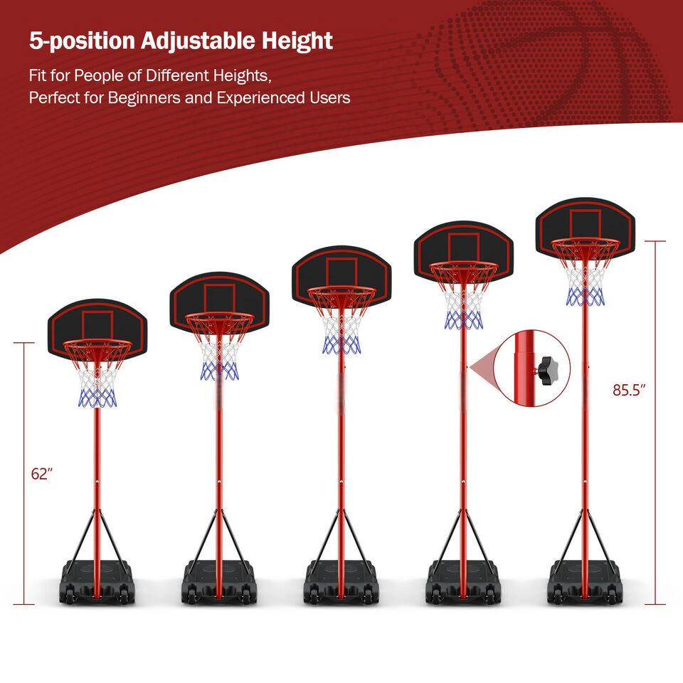 SUGIFT 5.5-ft to 7.5-ft 5-Level Adjustable Portable Basketball Hoop with 2 Wheels and Fillable Base