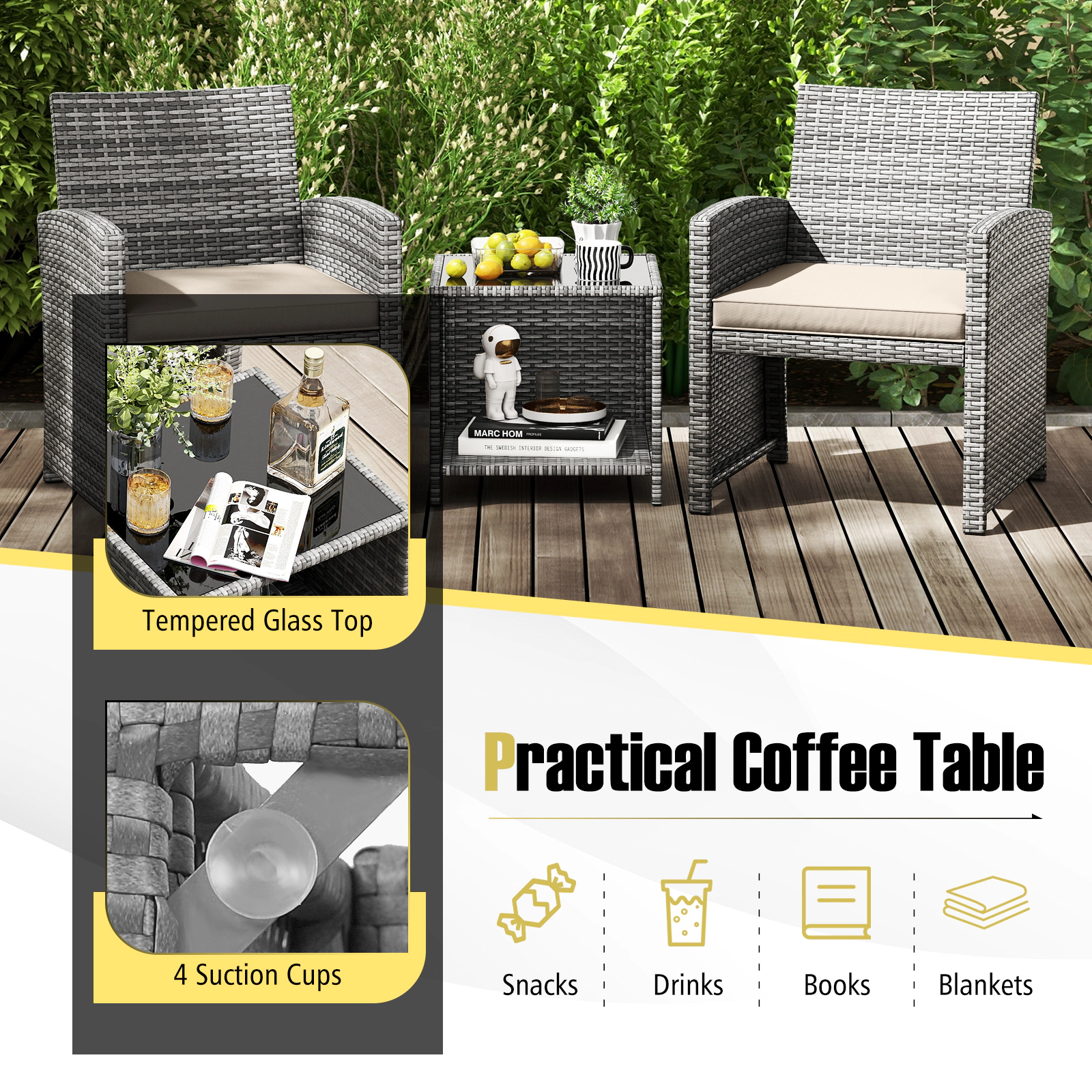 SUGIFT Tempered Glass Table and Seat Cushions 3-Piece White Patio Rattan Chair Set