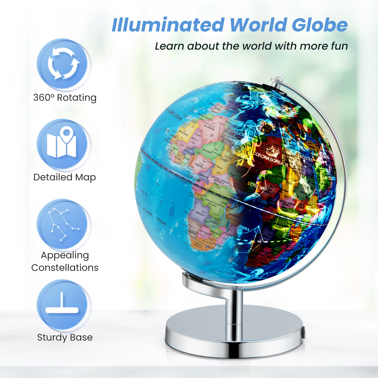 SUGIFT Kids 3-in-1 Illuminated 88 Constellations Night Light World Globe 9-in Diameter 9.5-in x 9.5-in x 11.5-in Blue