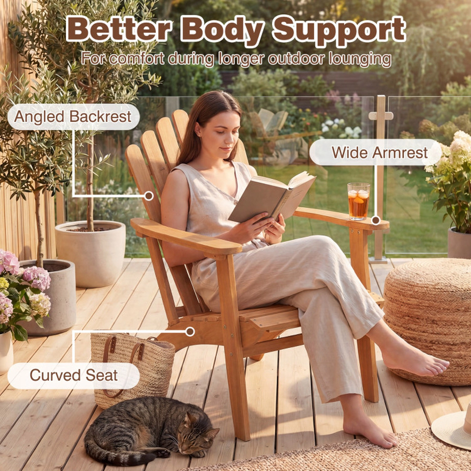 SUGIFT 3-Piece Acacia Wood Adirondack Conversation Set with 2 Chairs and Side Table 400-lb Capacity Natural