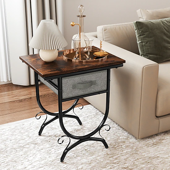 LJG Side Table with Fabric Drawer and Carved Metal Frame for Living Room