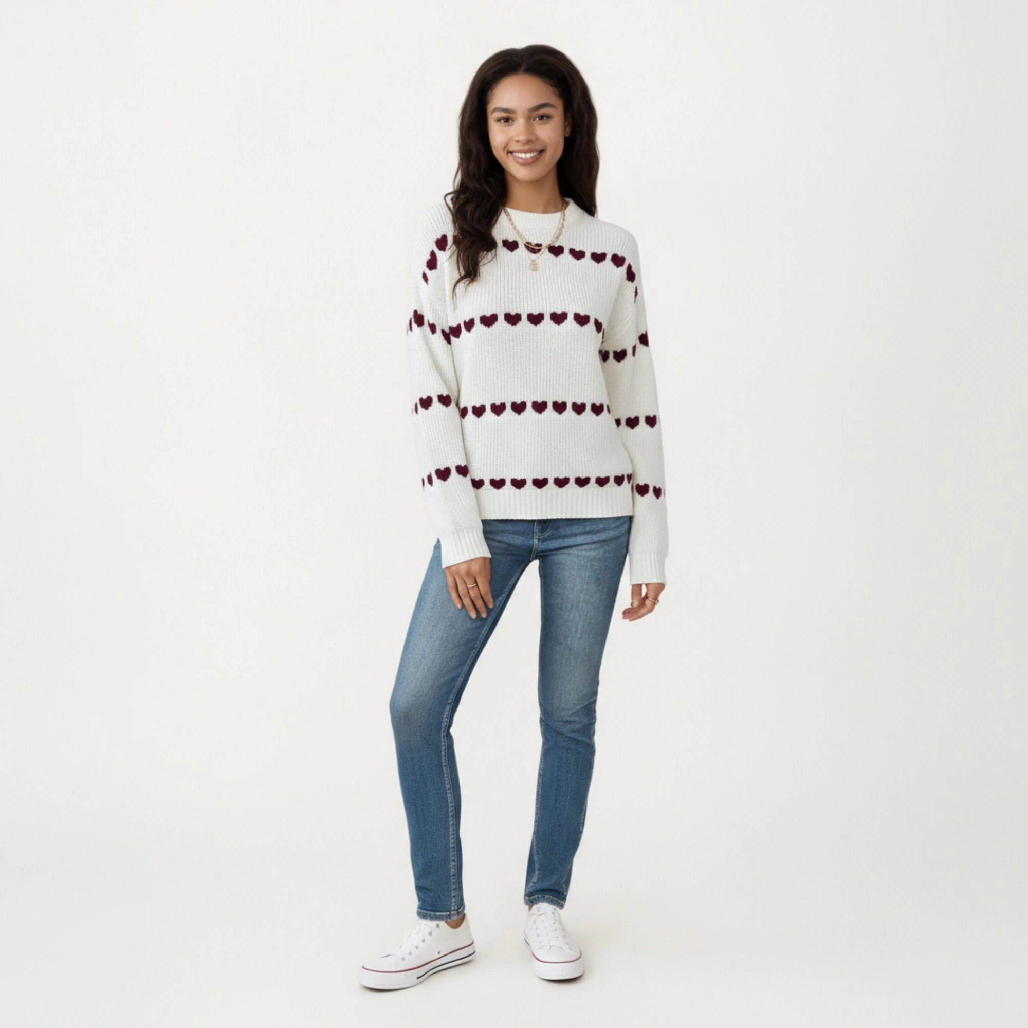 Anna-Kaci Women's Long Sleeve Valentine Knit Sweater with Heart Pattern and Ribbed Trim