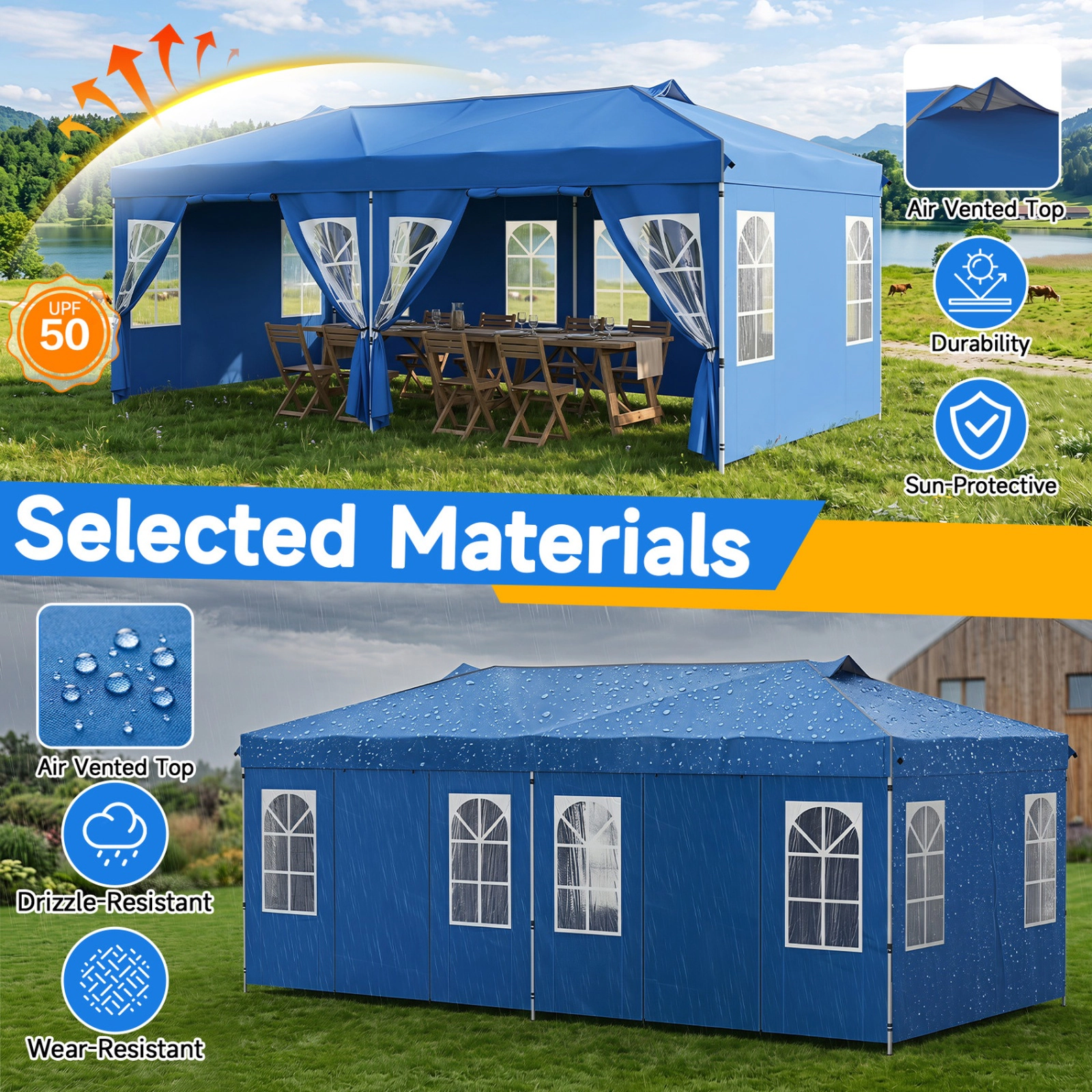 SUGIFT Blue 10-ft by 20-ft 3-Level 210D Oxford Pop Up Canopy Tent with 6 Sidewalls and Zippered Doors