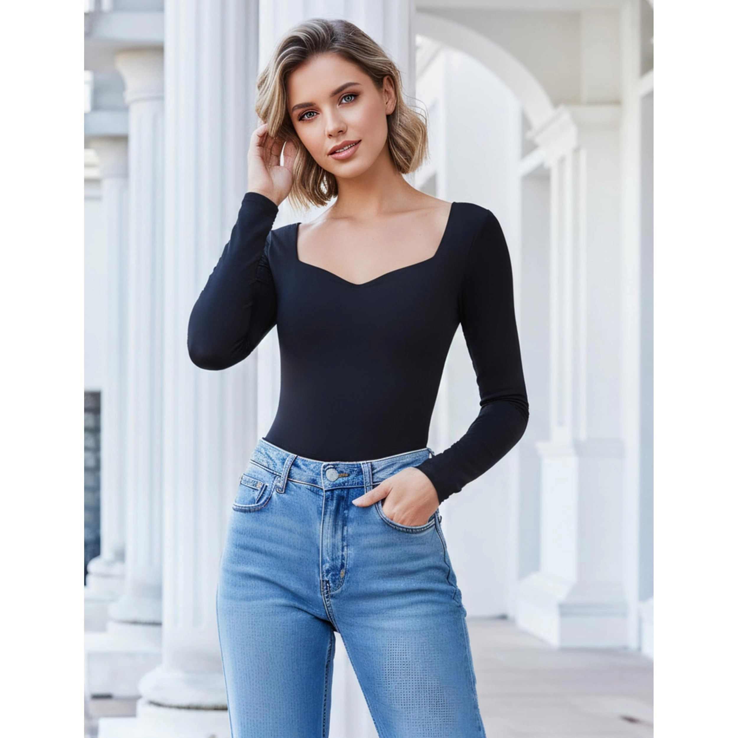 Avidlove Women's Square Sweetheart Neck Double Lined Long Sleeve Thong Bodysuit