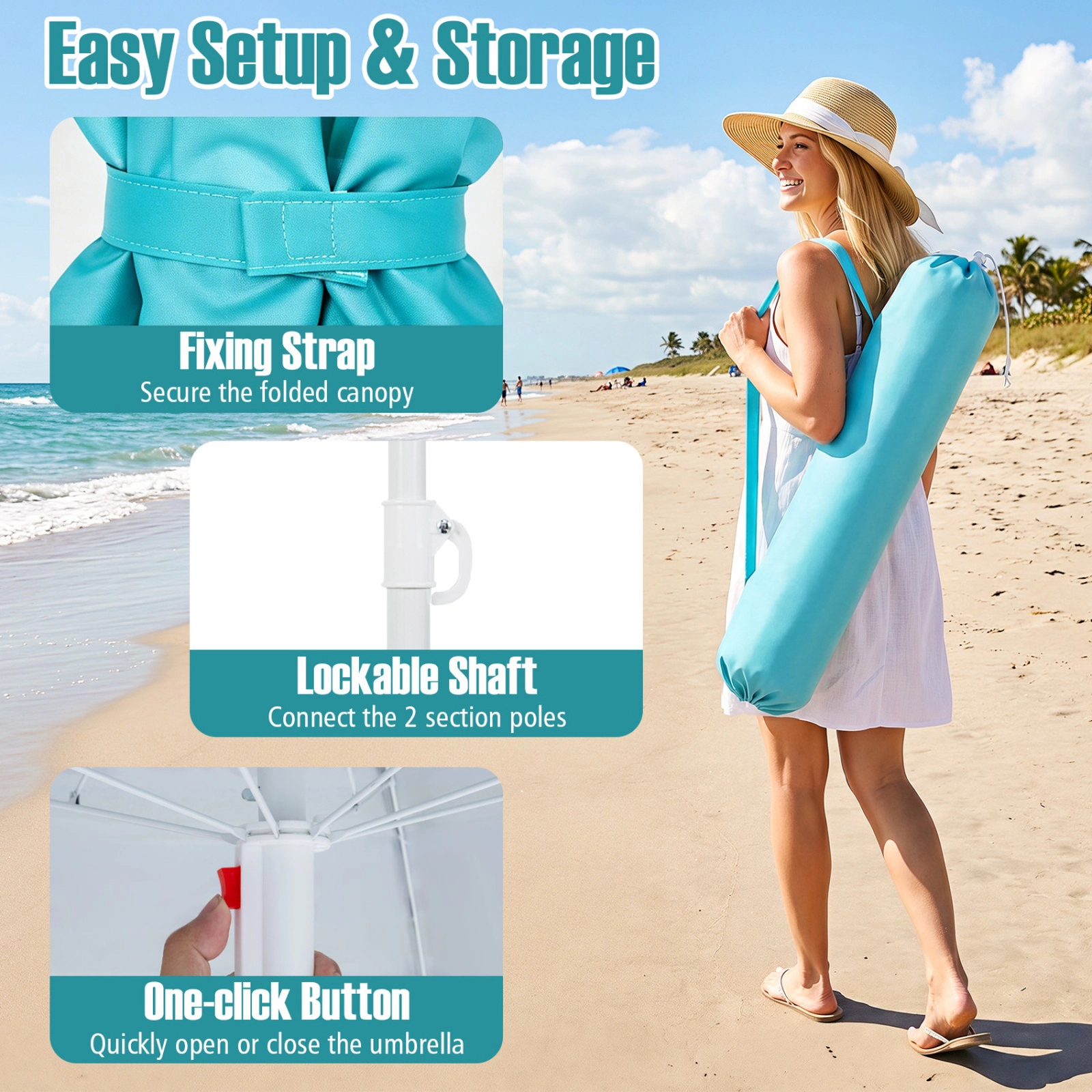 SUGIFT UPF 50+ Beach Umbrella with Sand Anchor and Tilt 6.5-ft Canopy with Cup Holders Turquoise Stripe
