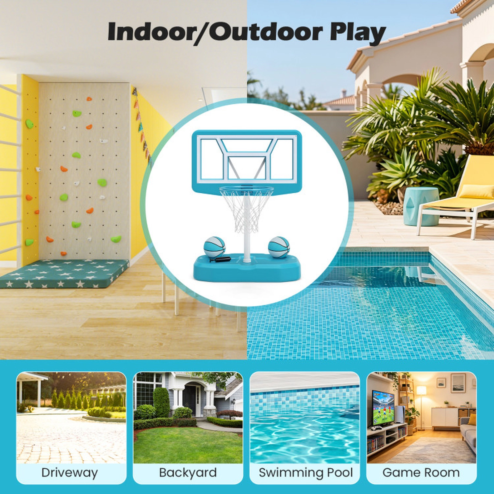 SUGIFT Shatterproof 42-in Backboard 18-in Rim Pool Basketball Hoop Set with Fillable Base 2 Balls and Pump