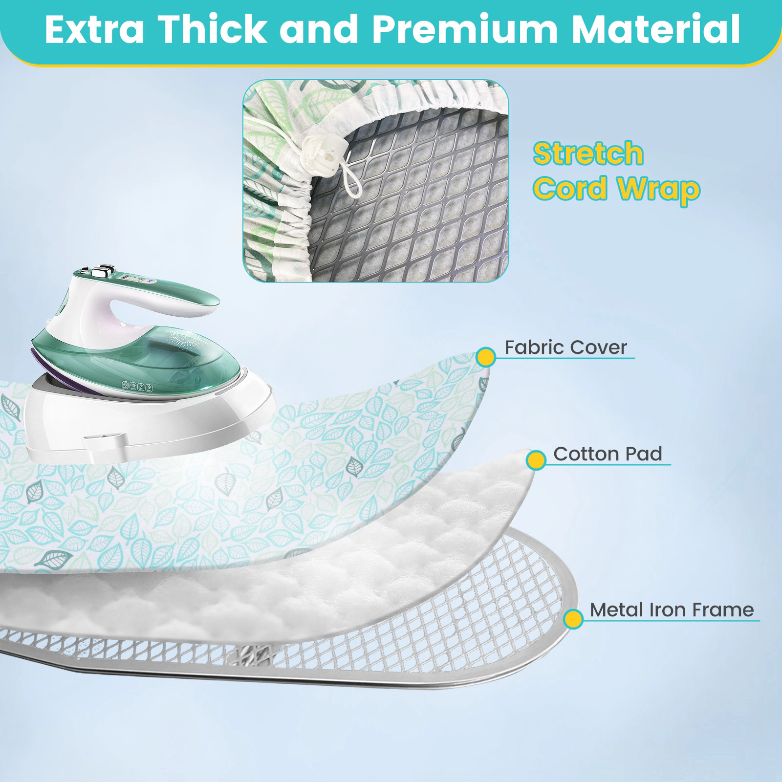 SUGIFT Foldable Adjustable Height Ironing Board Iron Rest 56.5 x 15.5-in Top 27-36-in Height 66-lb Capacity Turquoise