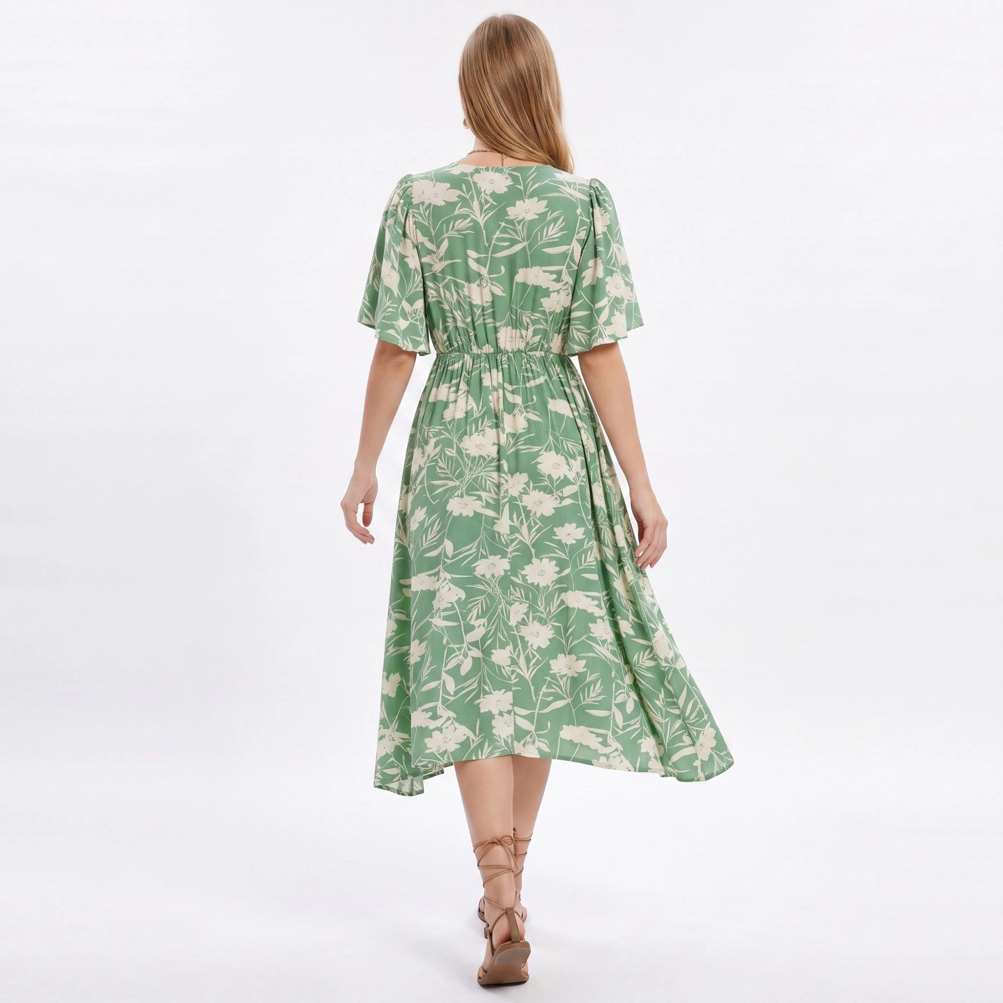 Anna-Kaci Women's Floral Print Flutter Sleeve Smocked Waist Midi Dress