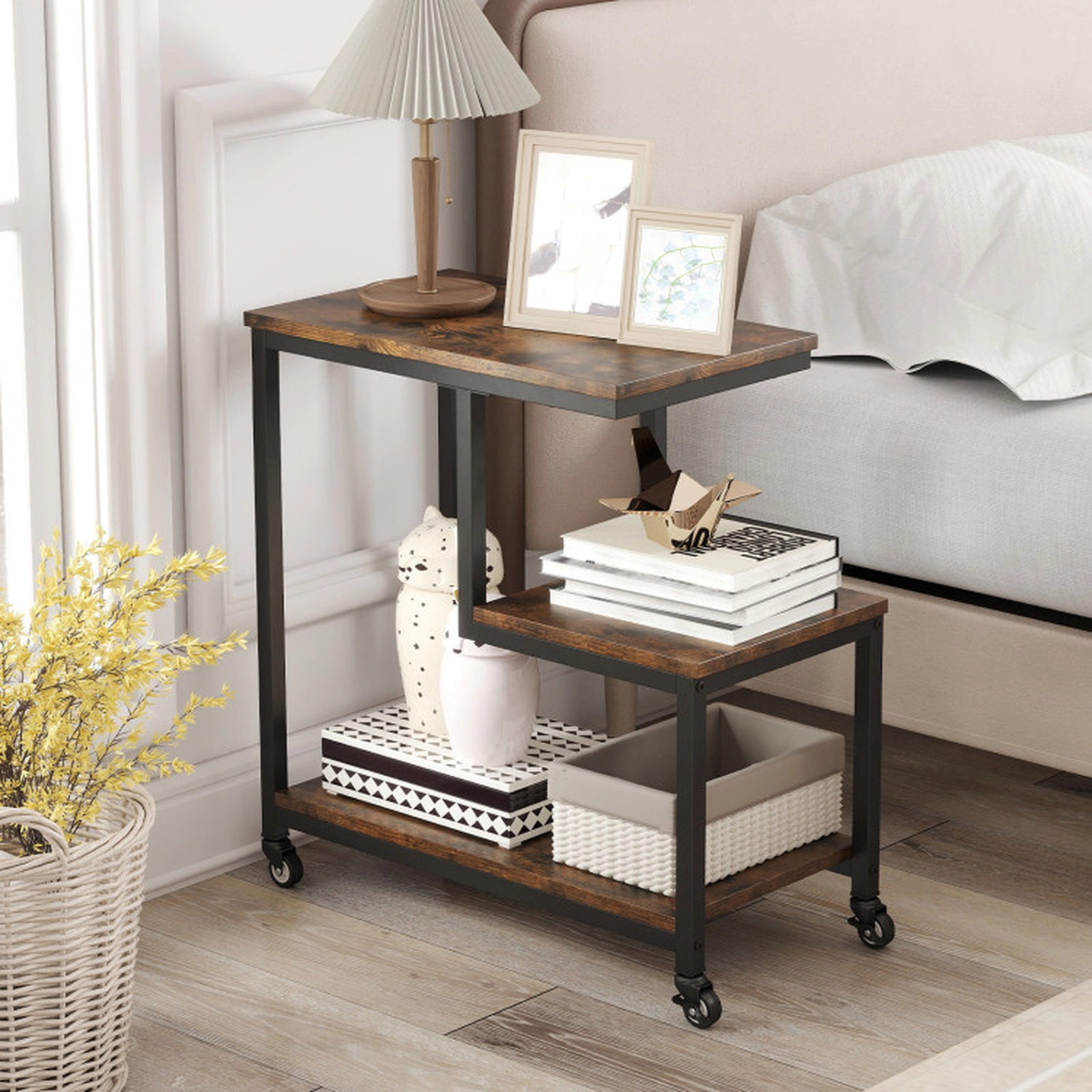 SUGIFT Rustic Brown 24-Inch Rolling 3-Tier G-Shaped Side Table with Locking Casters