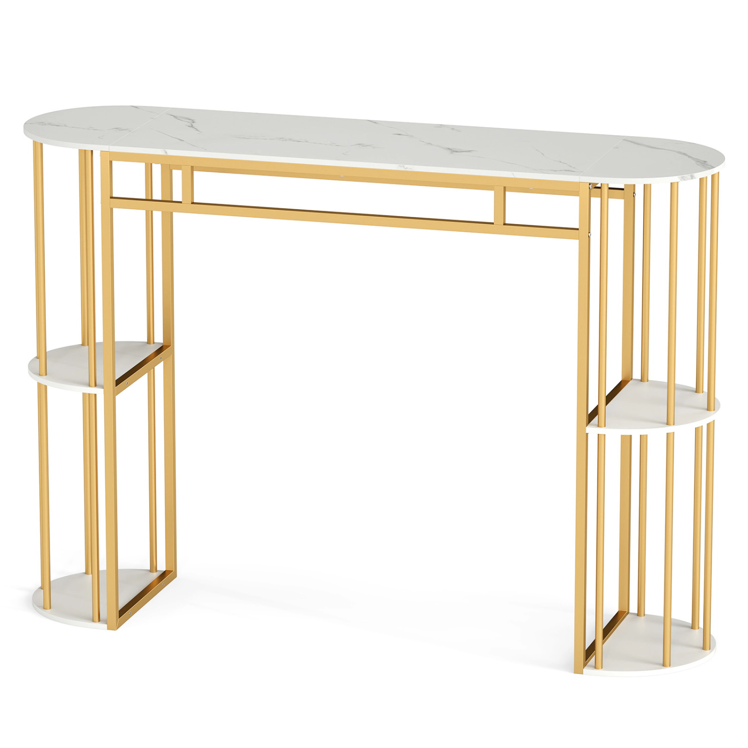 SUGIFT 60-in Long Narrow Bar Table with Faux Marble Tabletop and Storage Shelves 135-lb Capacity Black/Golden and White