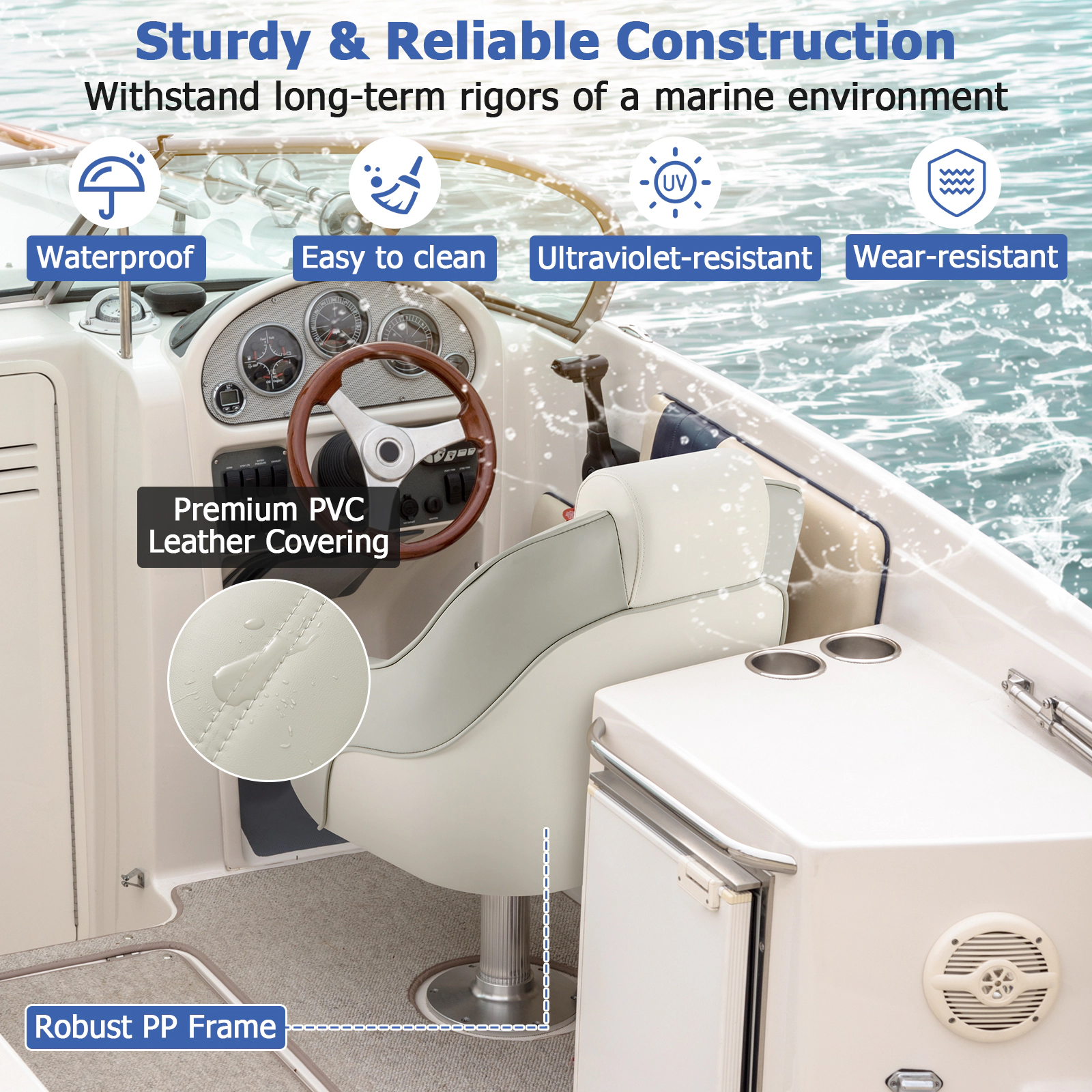 SUGIFT 330-lb Capacity Waterproof PVC Leather Captain Bucket Boat Seat with Armrests and Headrest Pillow