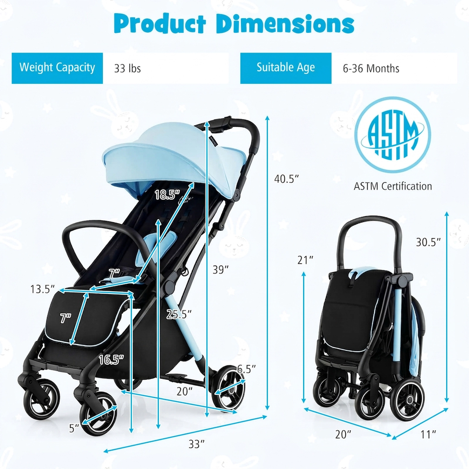 SUGIFT One-Hand Folding Portable Lightweight Baby Stroller with Aluminum Frame 33-lb Seat Capacity Ages 6-36 Months Blue
