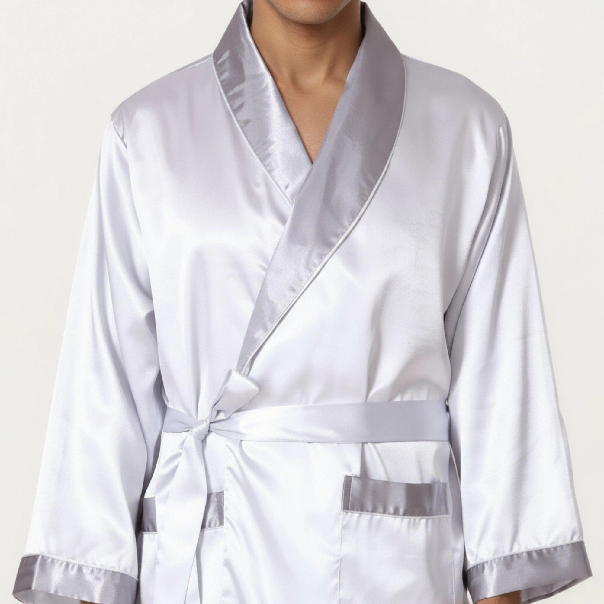 Anna-Kaci Men's Satin Robe with Shawl Collar Waist Tie and Front Pockets