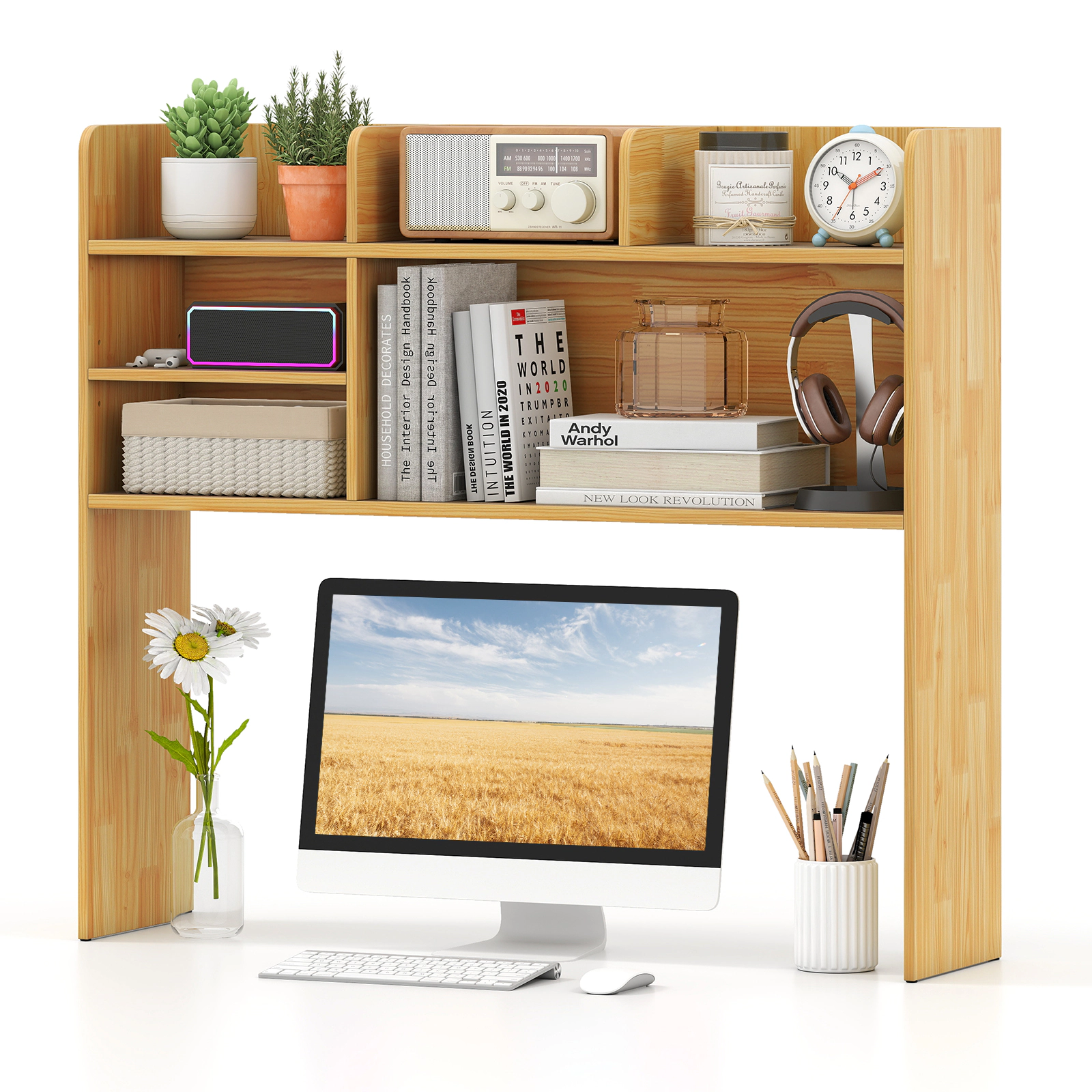 SUGIFT Desktop Bookshelf Countertop Storage Hutch 6 Shelves 66-lb Top Tier Capacity 55-lb Bottom Tier Capacity Beige