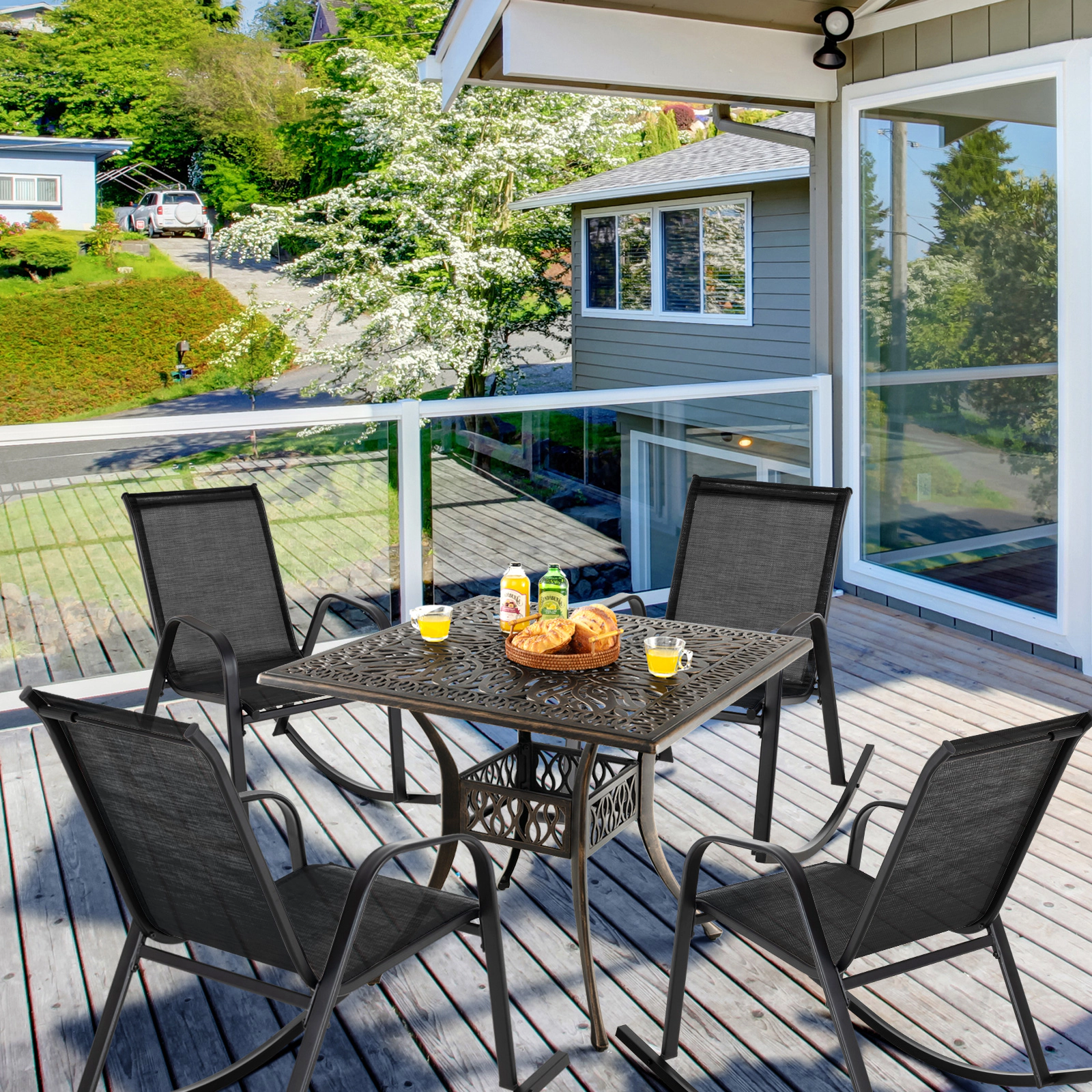 SUGIFT Set of 2 Metal Patio Rocking Chairs with Breathable Seat Fabric Metal Frame 330-Lb Capacity Black