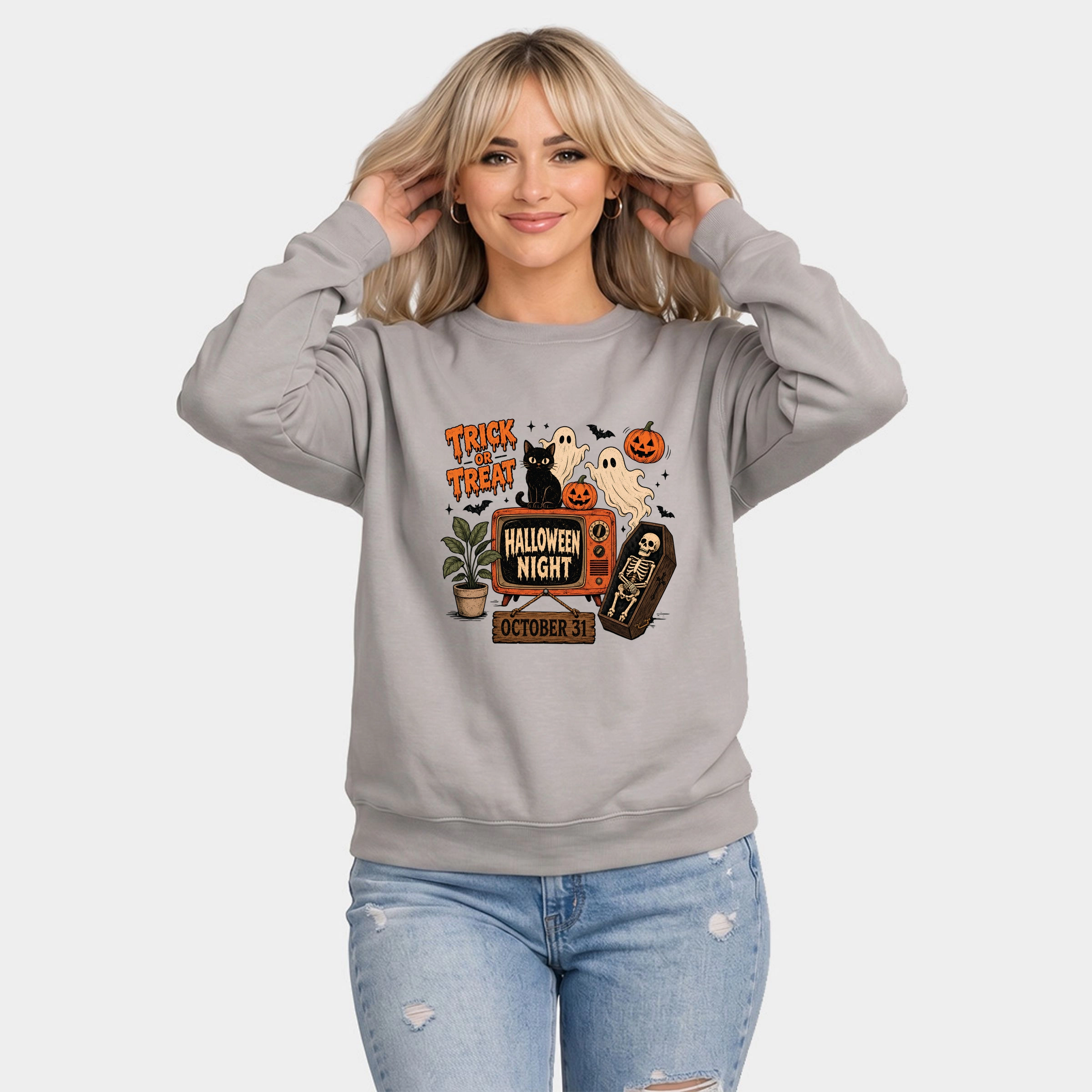 Simply Sage Market - Women's Graphic Sweatshirt Trick Or Treat TV