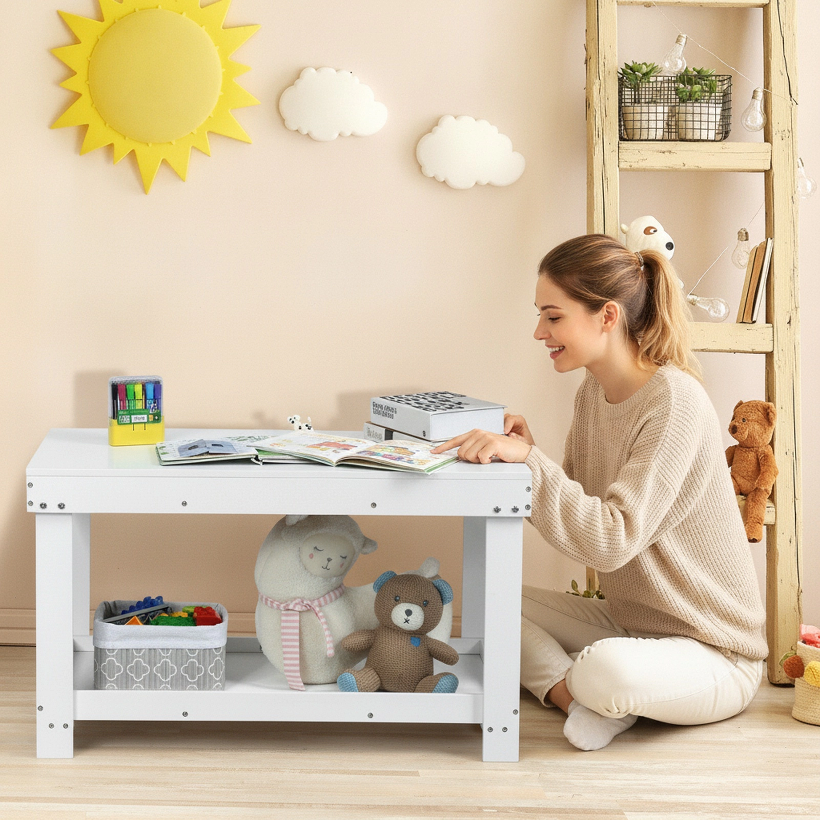 SUGIFT Kids Activity Table, White Solid Pine, 32.5 x 17 in, Removable Shelf